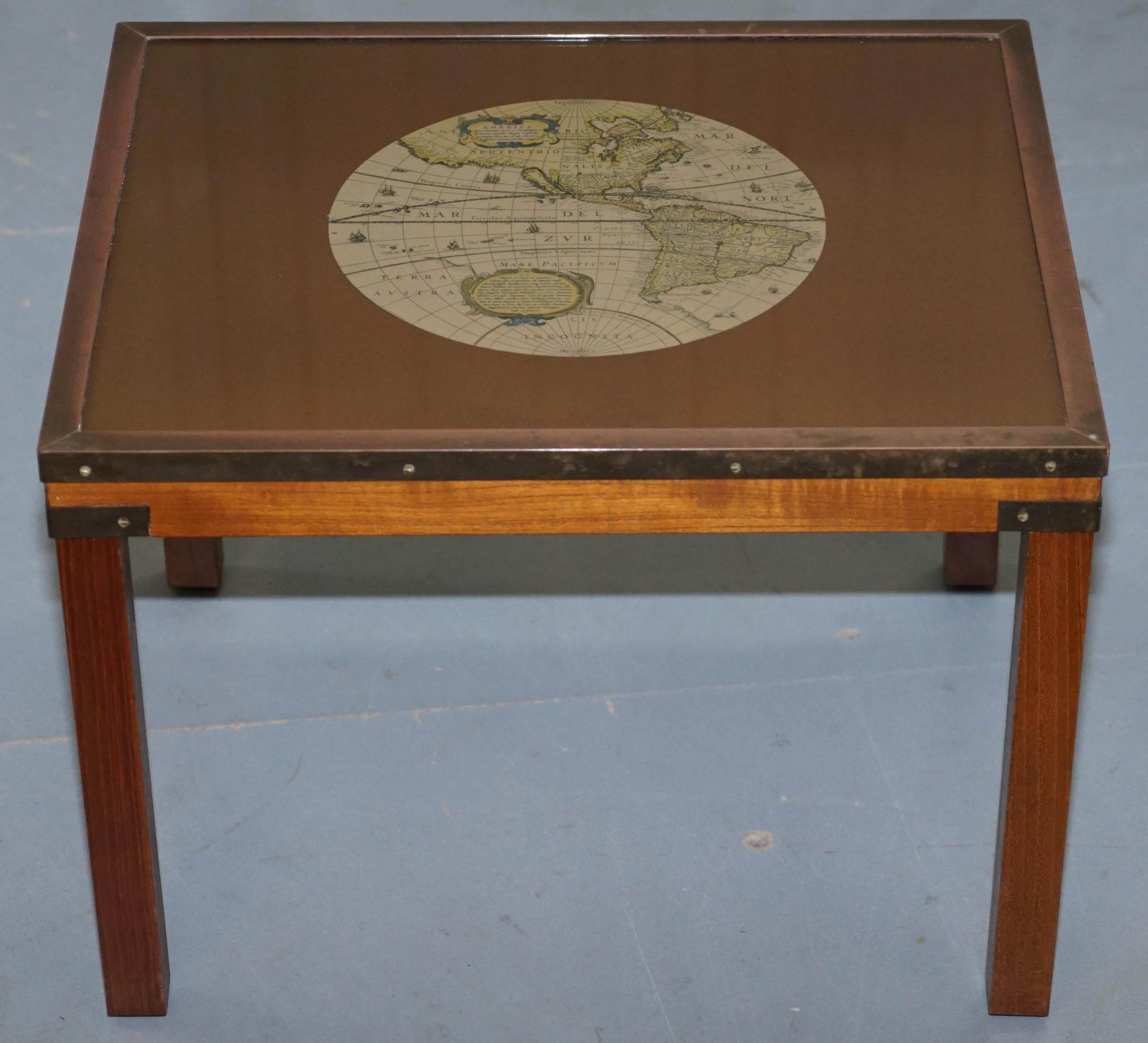 Nest of Three Vintage Campaign Tables with Global Maps Design Brass Corners 4