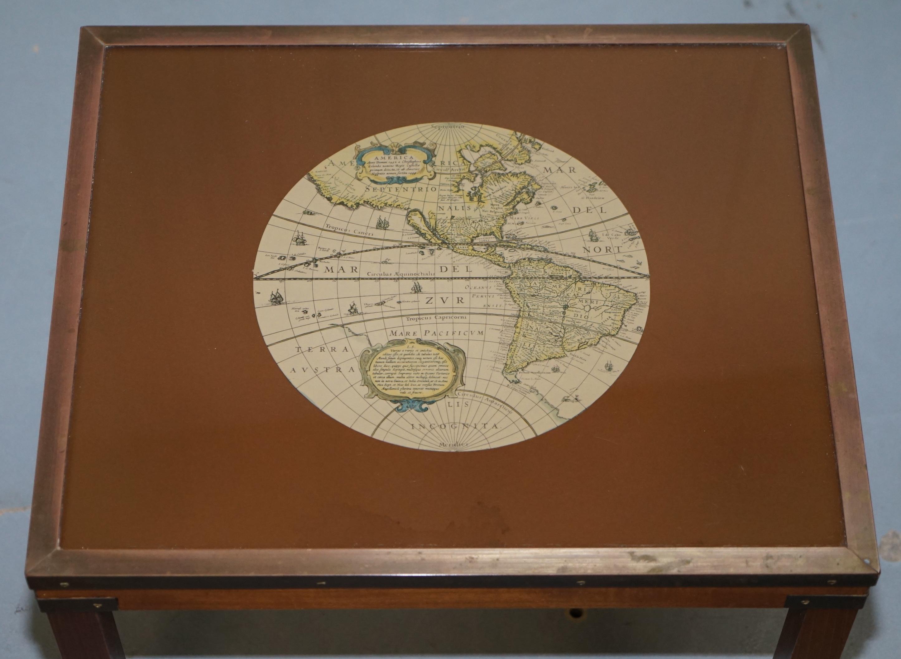 Nest of Three Vintage Campaign Tables with Global Maps Design Brass Corners 5
