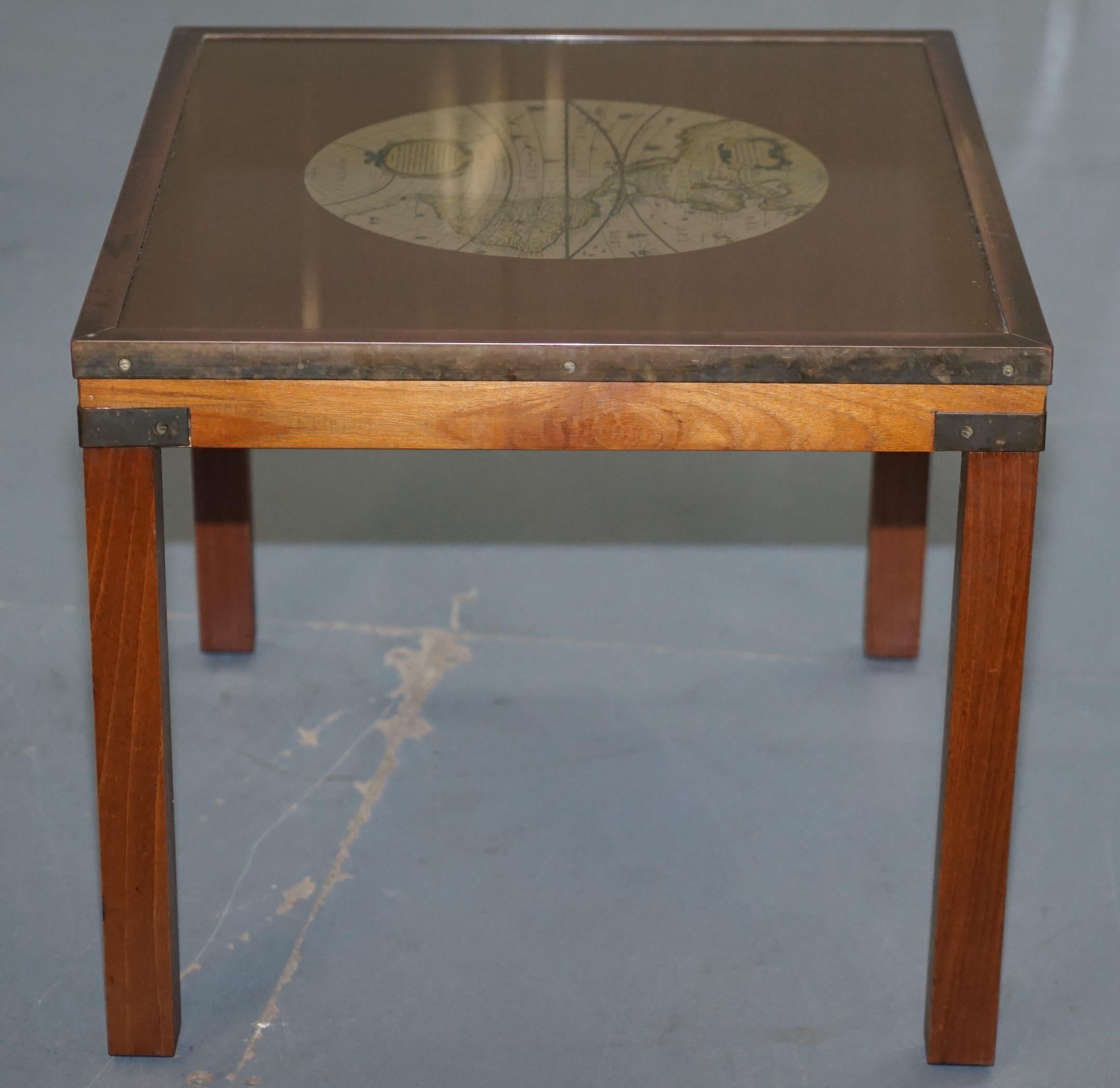 Nest of Three Vintage Campaign Tables with Global Maps Design Brass Corners 9
