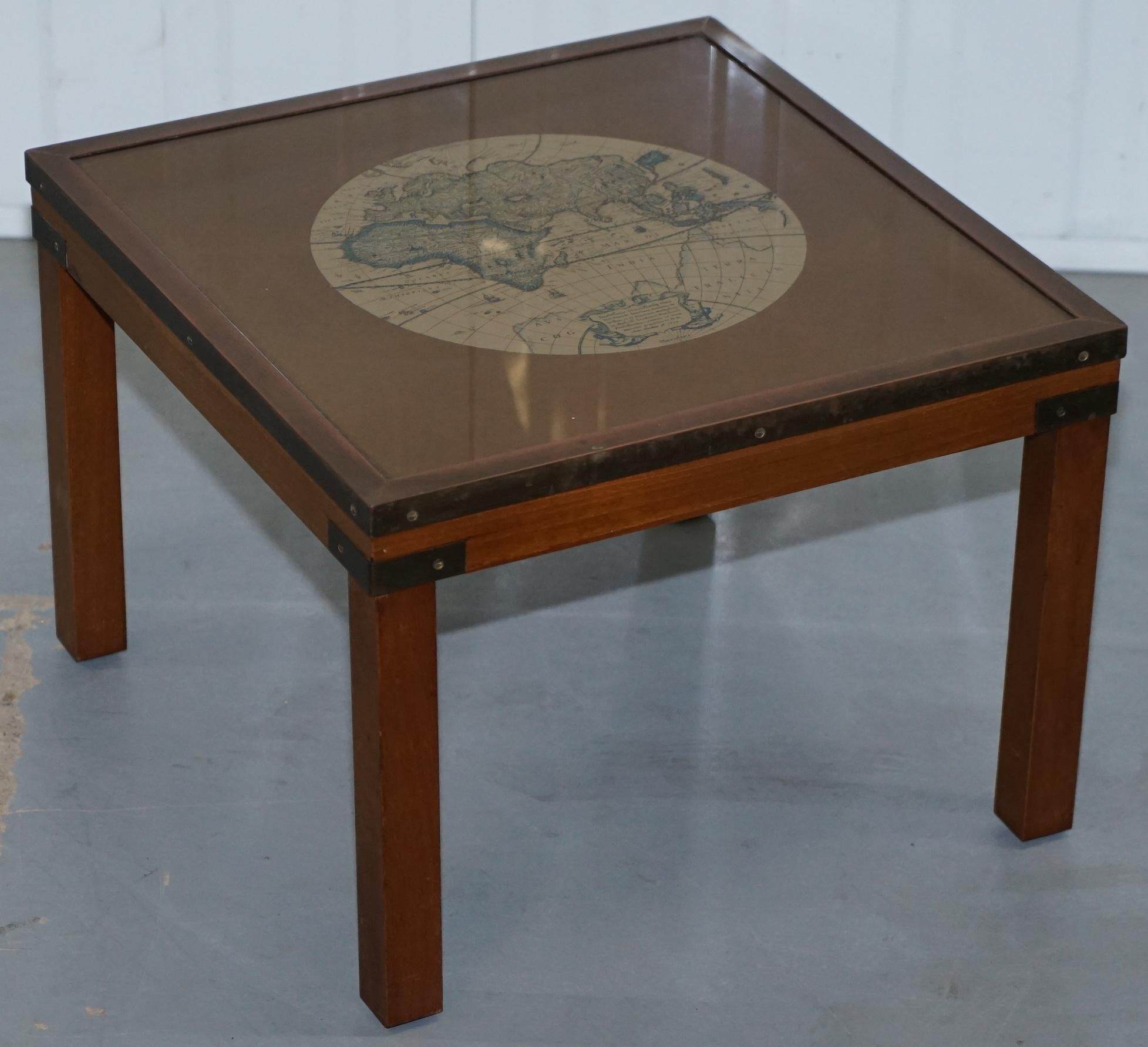 Nest of Three Vintage Campaign Tables with Global Maps Design Brass Corners 10