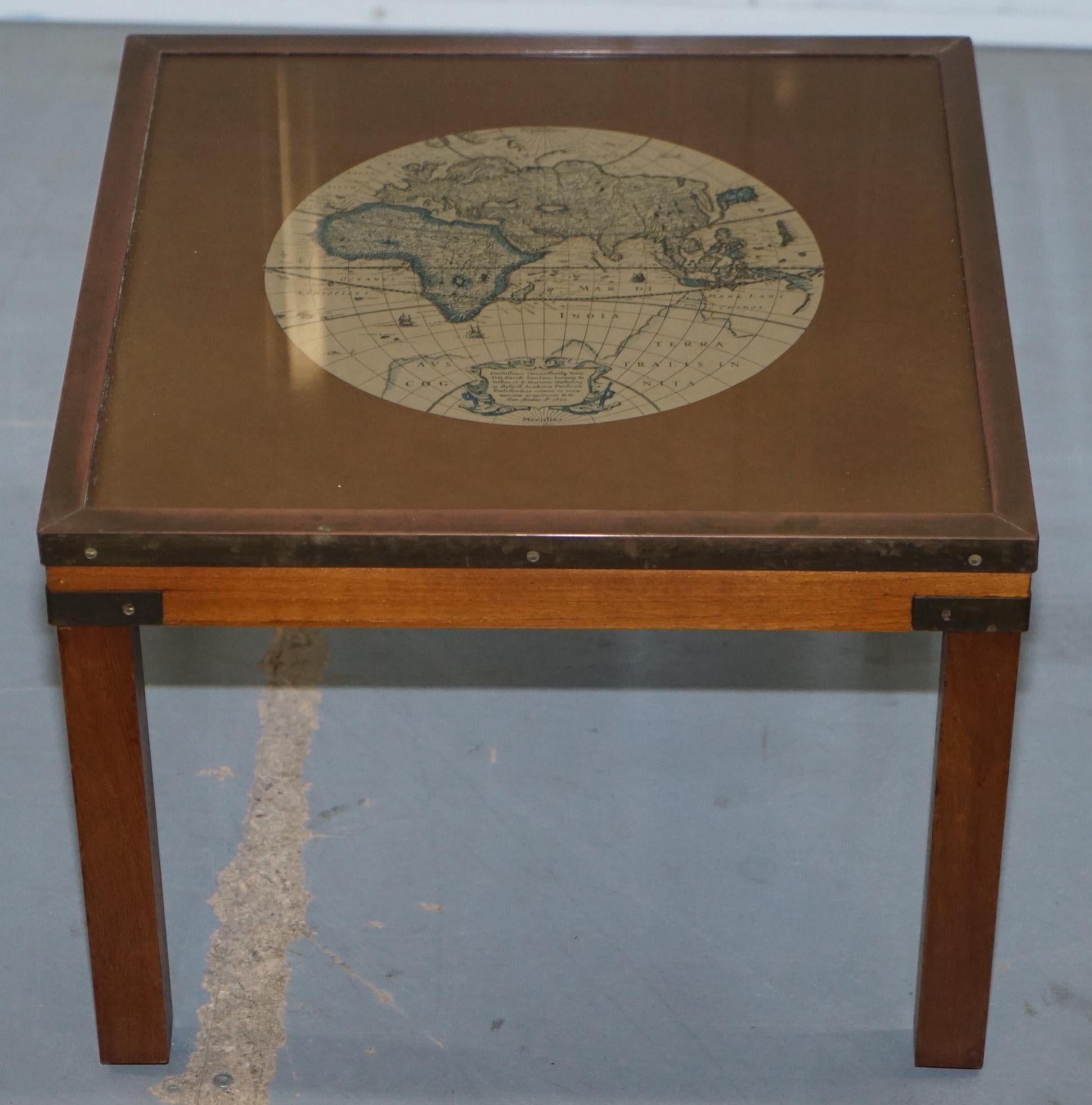 Nest of Three Vintage Campaign Tables with Global Maps Design Brass Corners 11