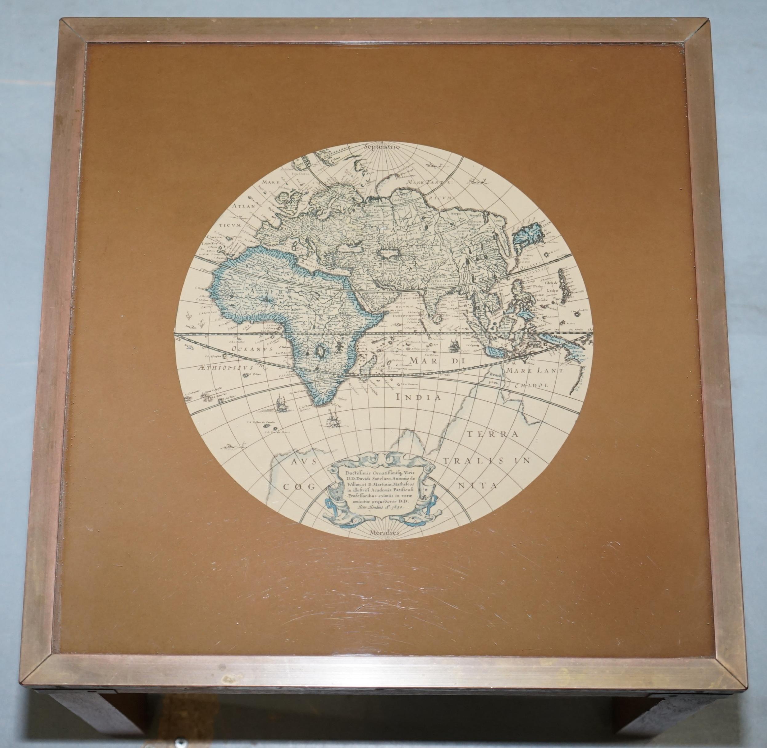Nest of Three Vintage Campaign Tables with Global Maps Design Brass Corners 12