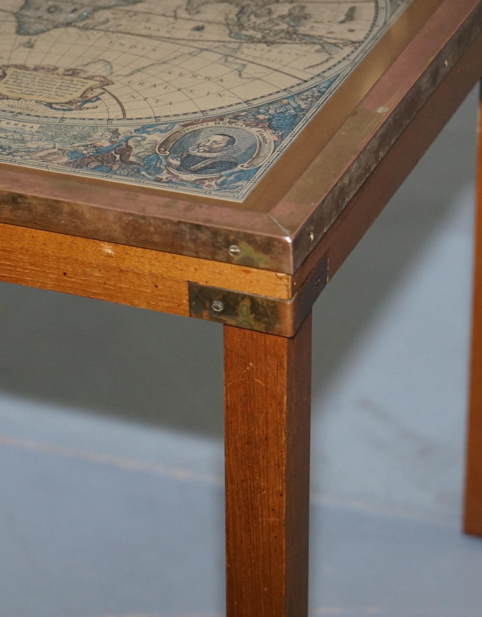 Nest of Three Vintage Campaign Tables with Global Maps Design Brass Corners 1