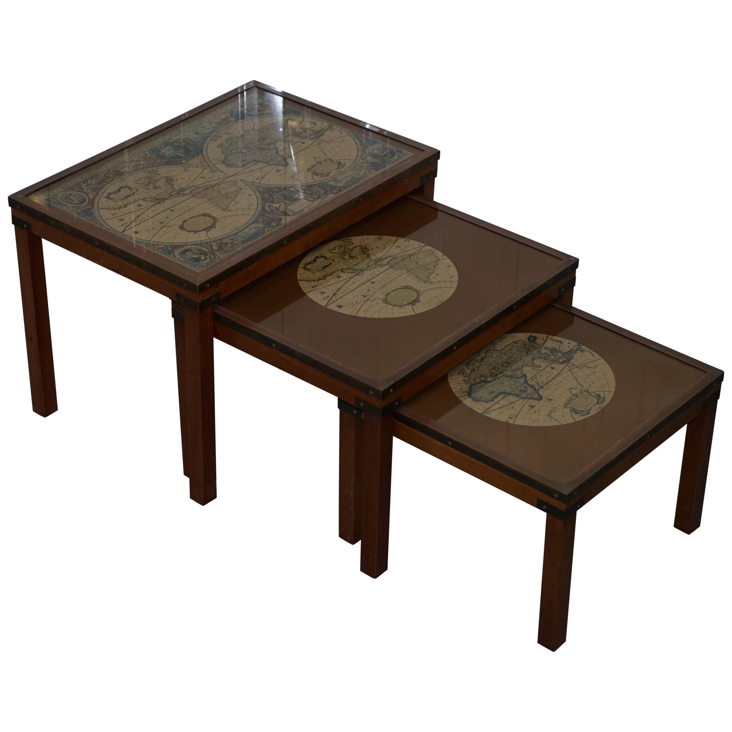 Nest of Three Vintage Campaign Tables with Global Maps Design Brass Corners