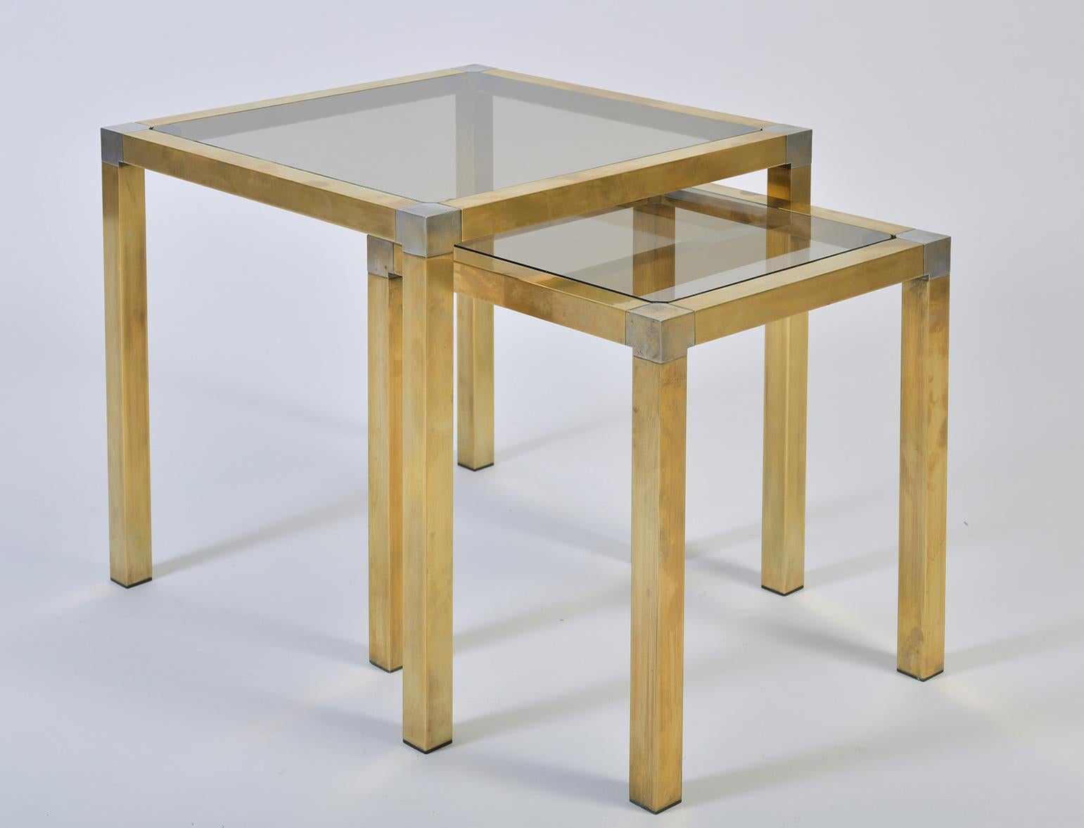 Mid-Century Modern Nest of Two Brass and Smoked Glass Tables