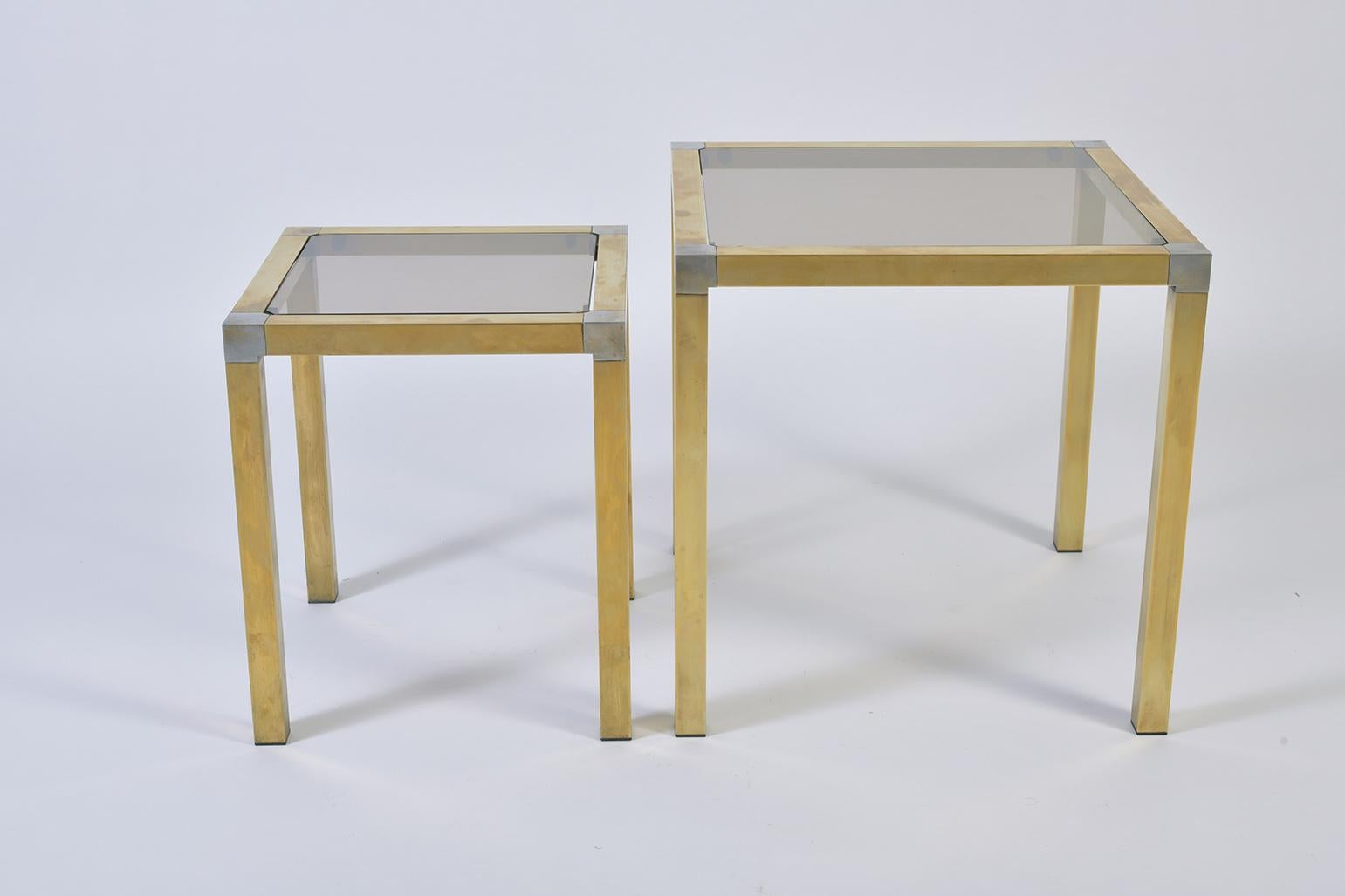 French Nest of Two Brass and Smoked Glass Tables