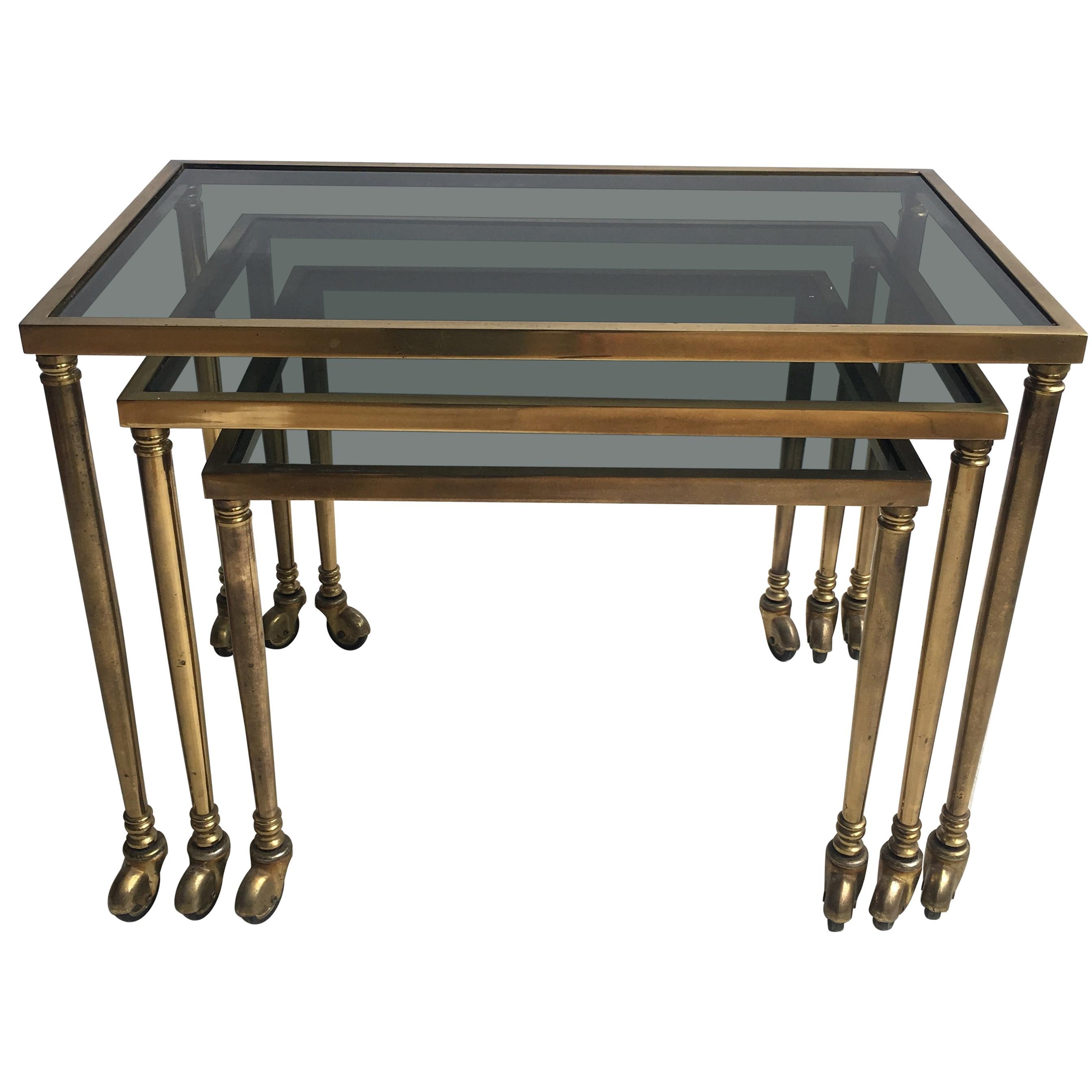 Nest of Vintage French Brass Side Tables Trolleys