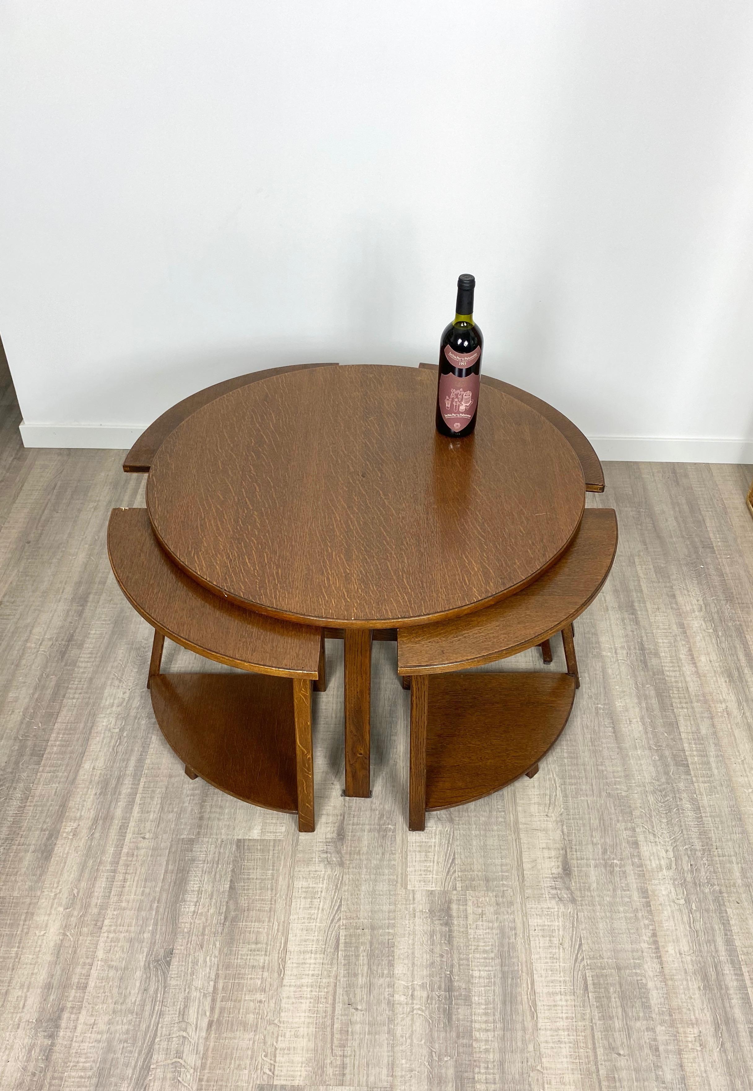 Italian Nest of Wood Five Round Tables Signed Italy 1970s End Table For Sale