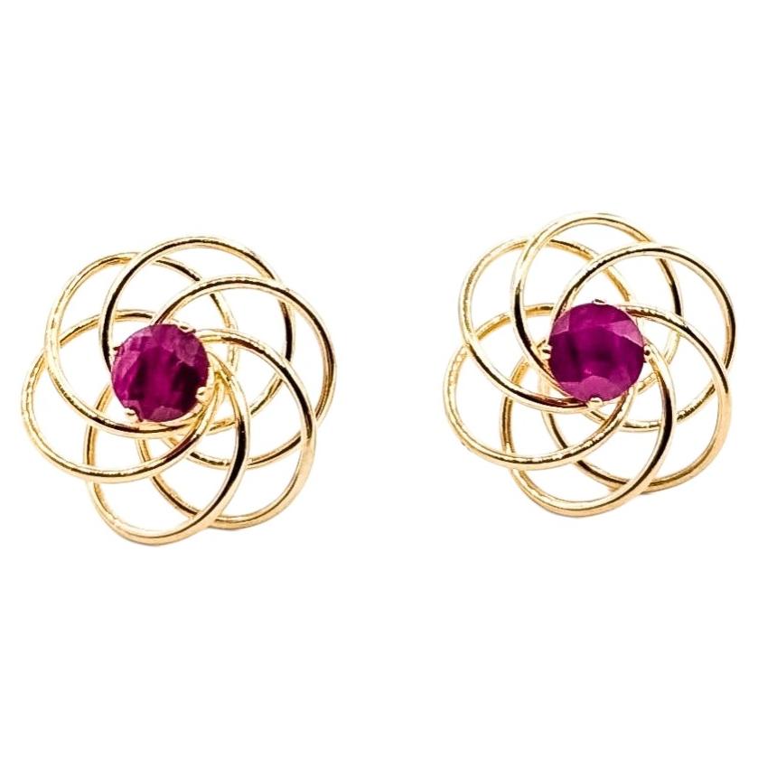 Nest Ruby Stud Earrings in 14k Yellow Gold For Sale