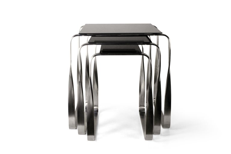 Spanish Nest Side Table, Aged Silver & Black Glass, Contemporary Design For Sale