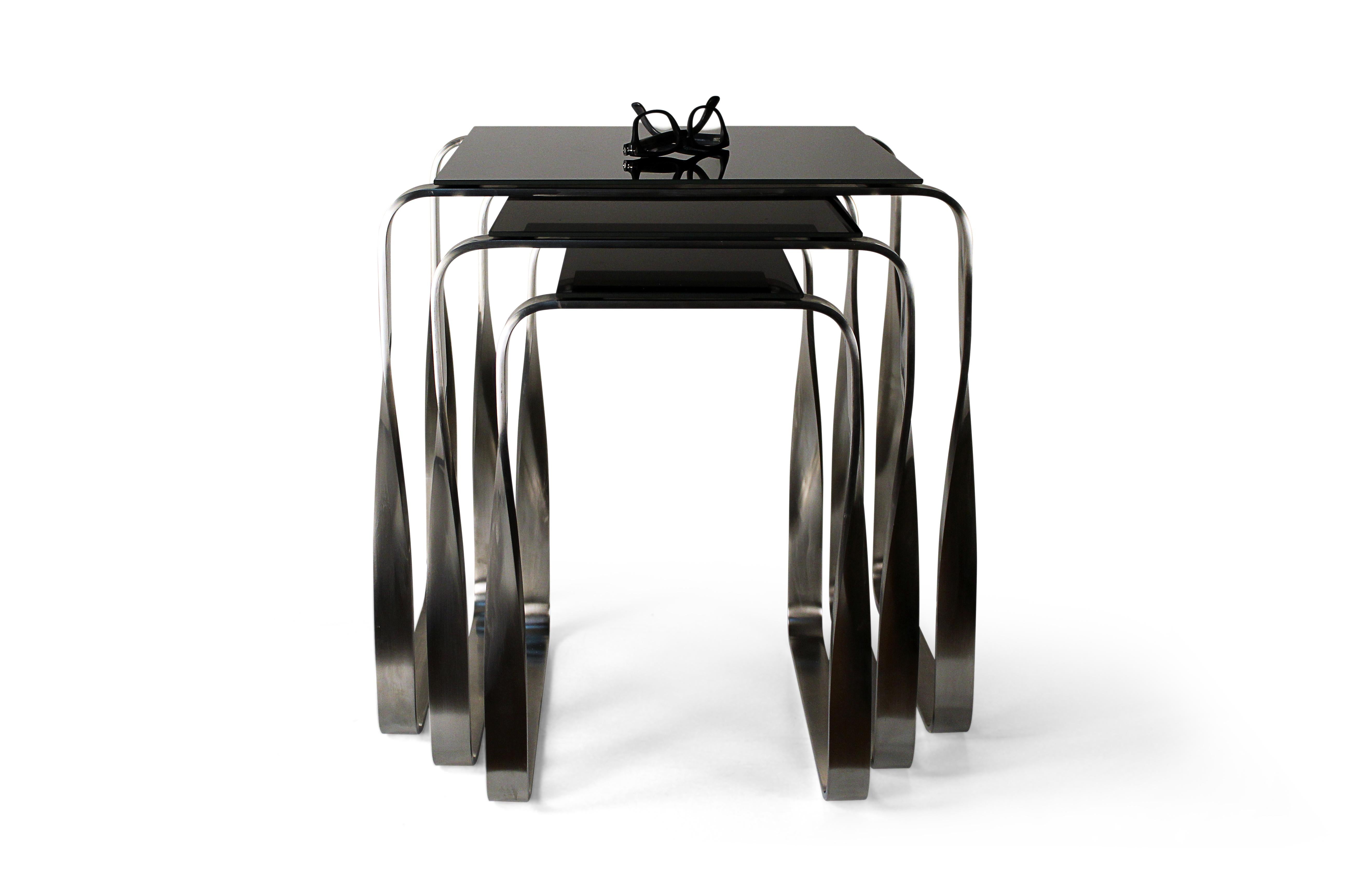 Modern Nest Side Table, Aged Silver & Black Glass, Contemporary Design For Sale