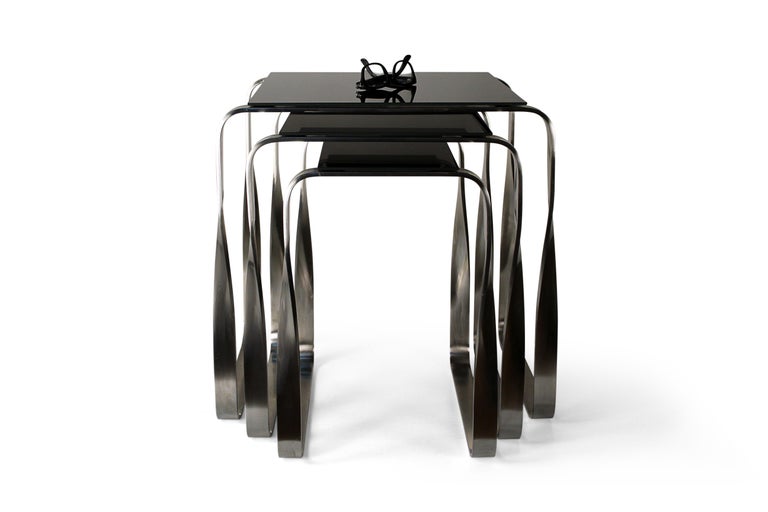 Nest Side Table, Aged Silver and Black Glass, Contemporary Design For