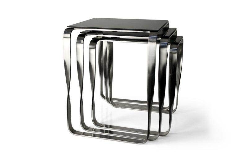 Nest Side Table, Aged Silver & Black Glass, Contemporary Design For Sale 1