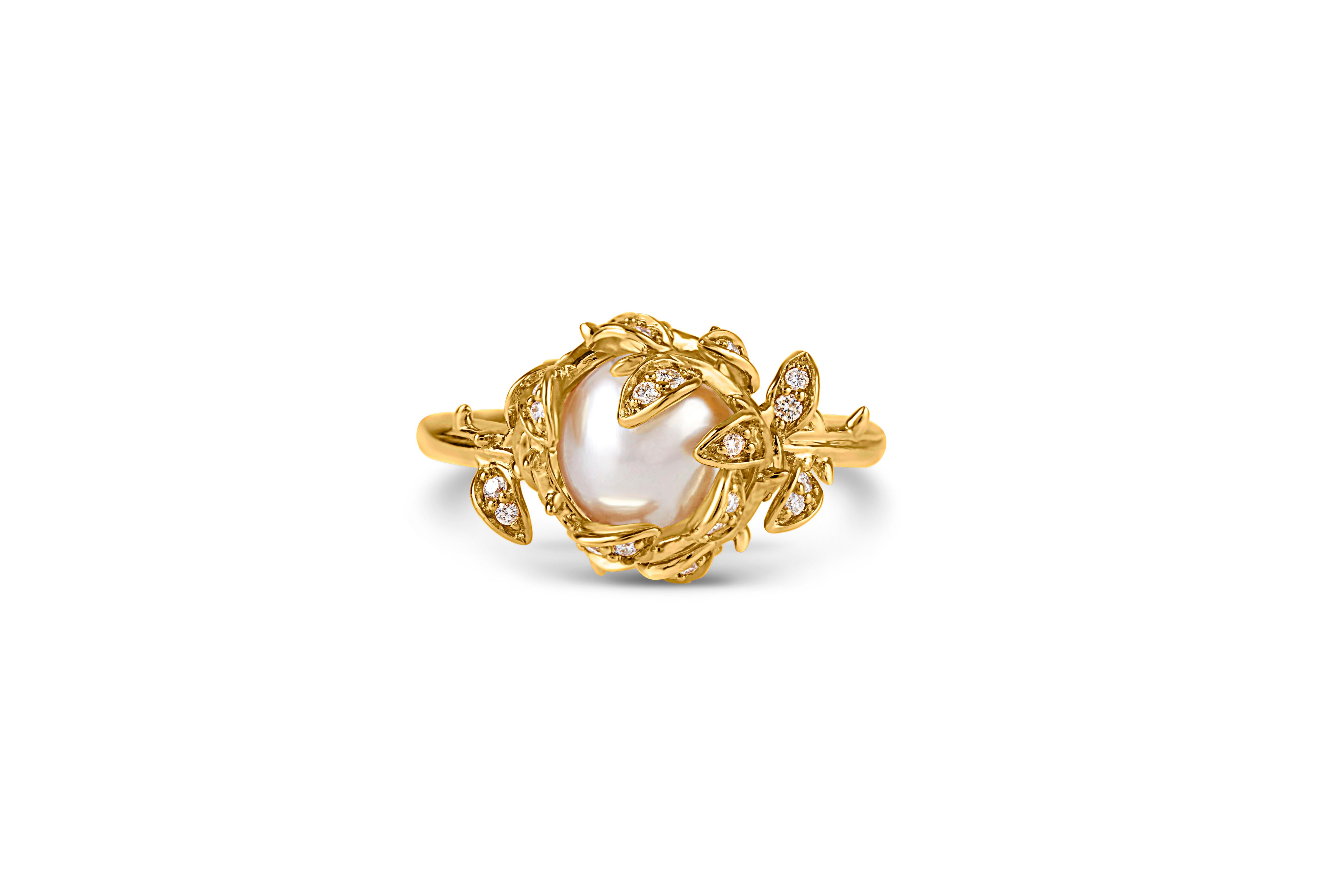 Contemporary Nested Diamond Pearl Ring – 18ct Yellow Gold For Sale