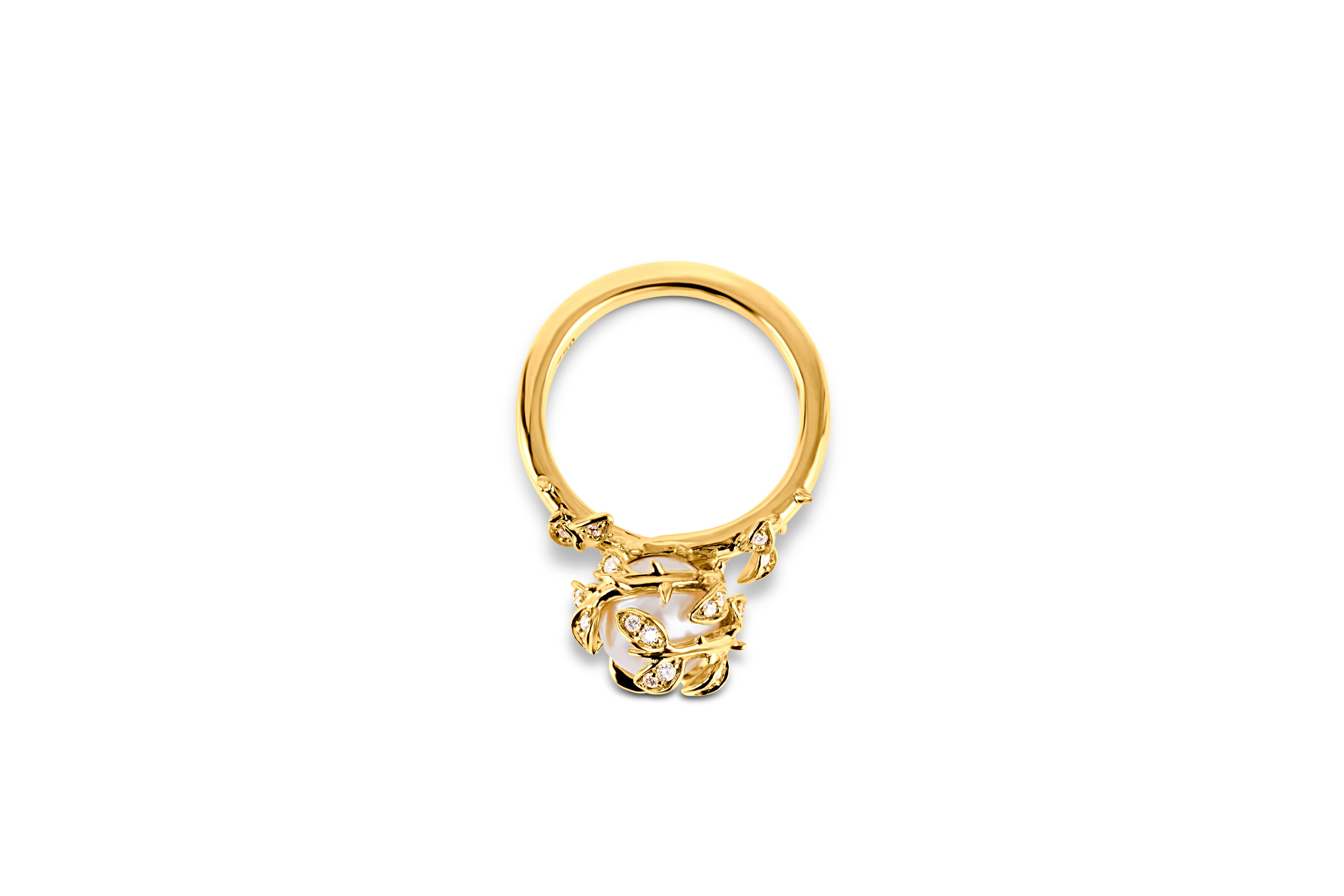 Taille ronde Bague à perles et diamants imbriqués - or jaune 18ct en vente