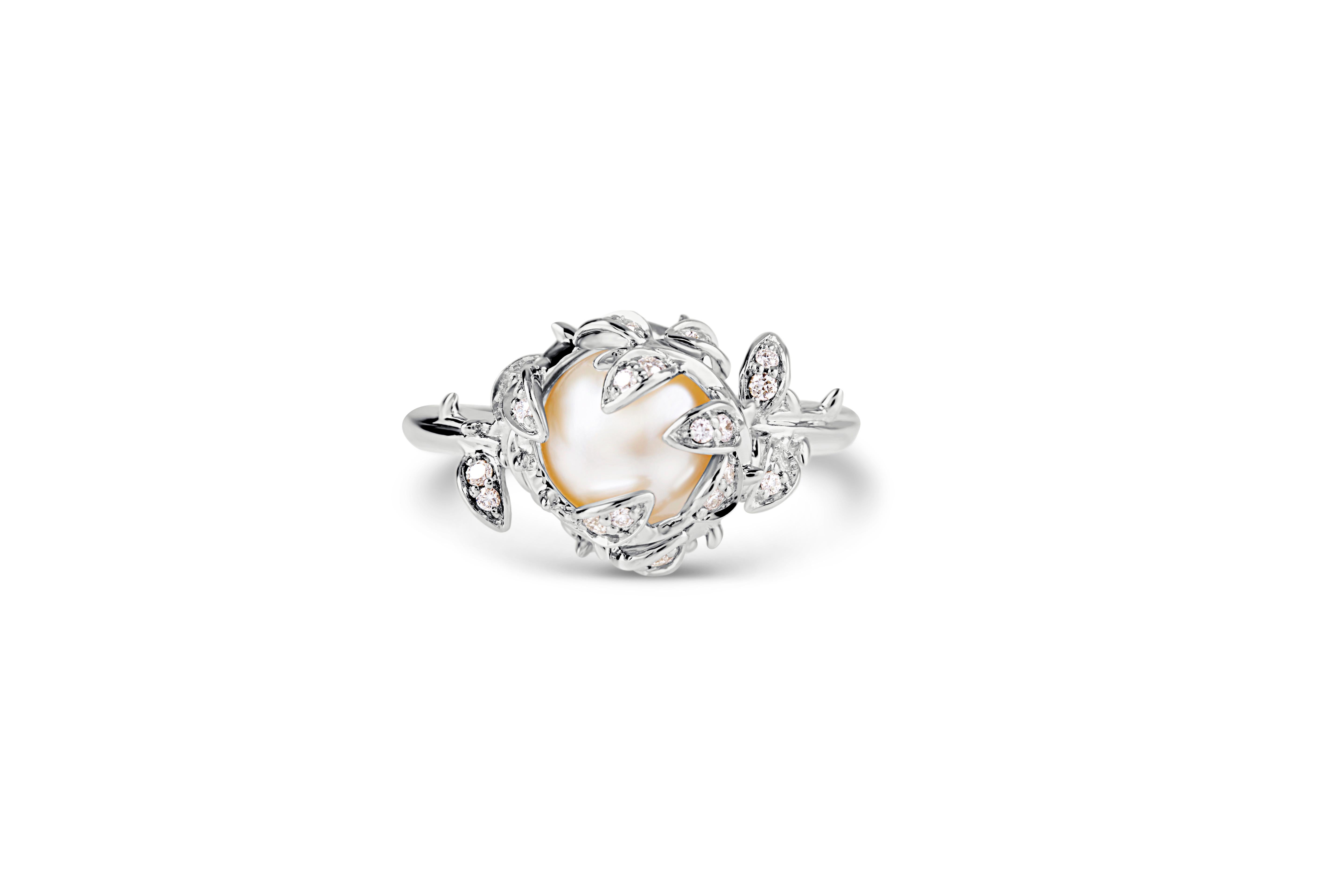 Contemporain Bague à perles et diamants imbriqués - Or blanc 9ct en vente