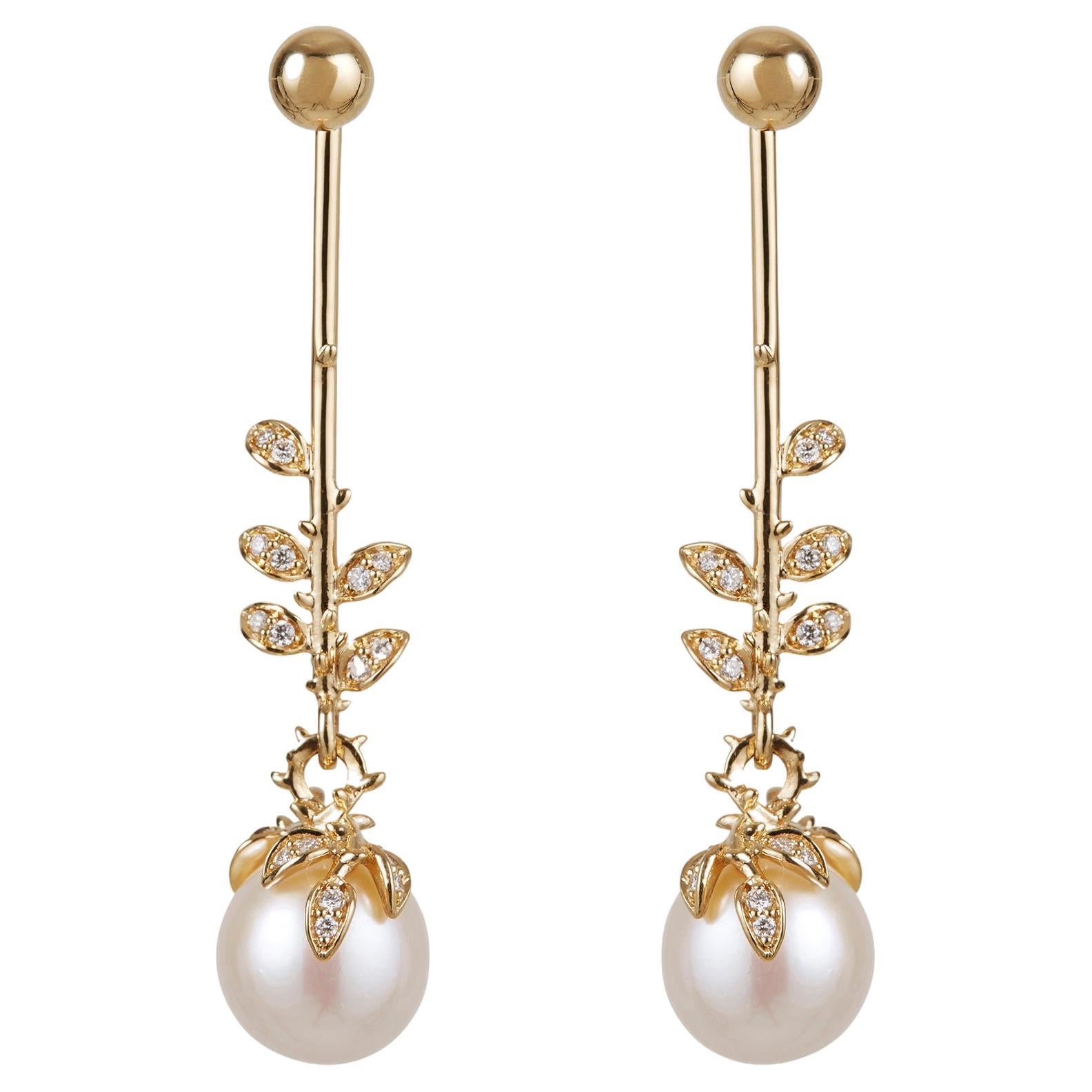 Nested Diamond Vine Freshwater Pearl Drop Earrings – 18ct Yellow Gold For Sale