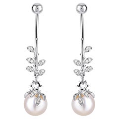 Boucles d'oreilles pendantes en perles d'eau douce avec diamants imbriqués - or blanc 9ct