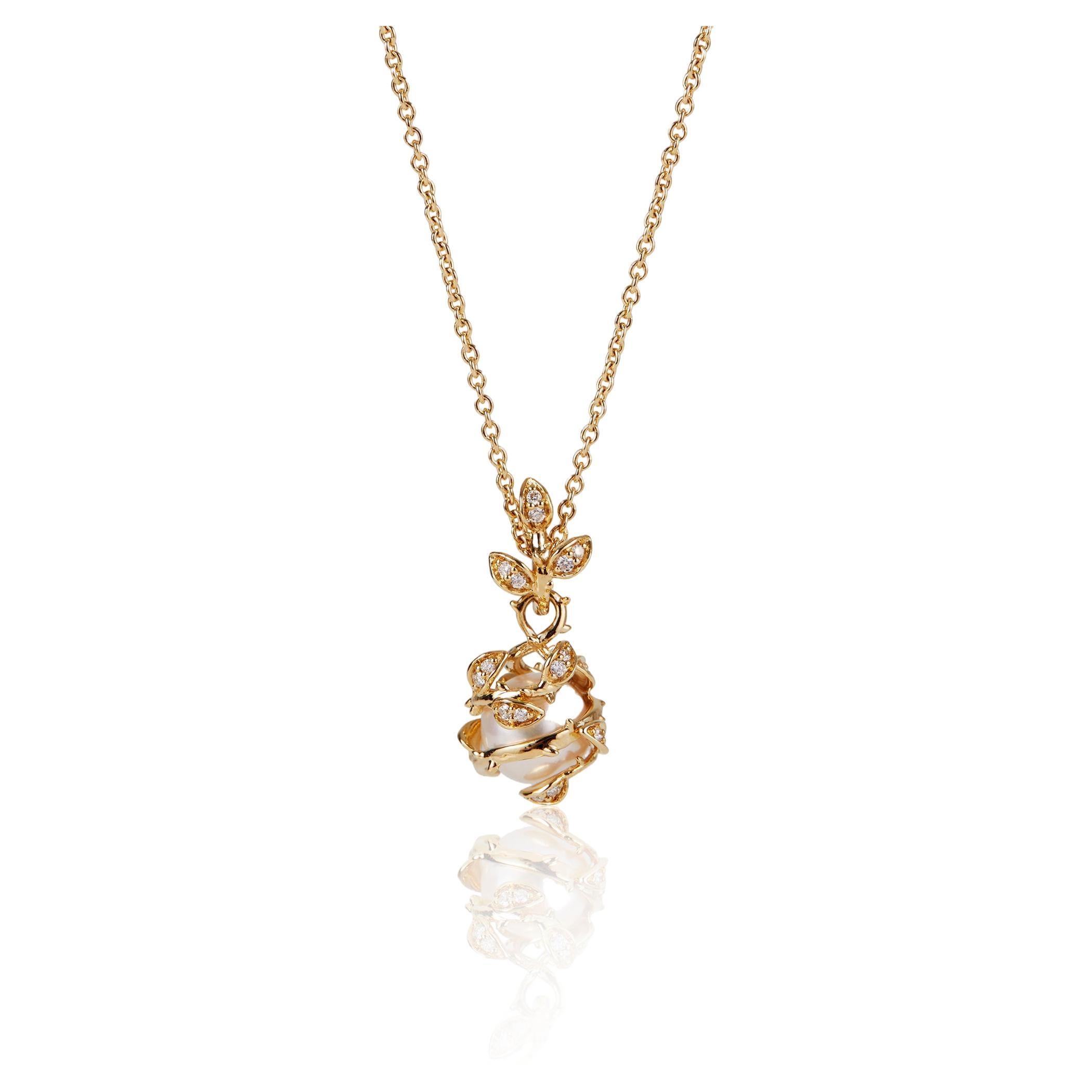 Nested Diamonds and Gold Freshwater Pearl Pendant – 18ct Yellow Gold For Sale