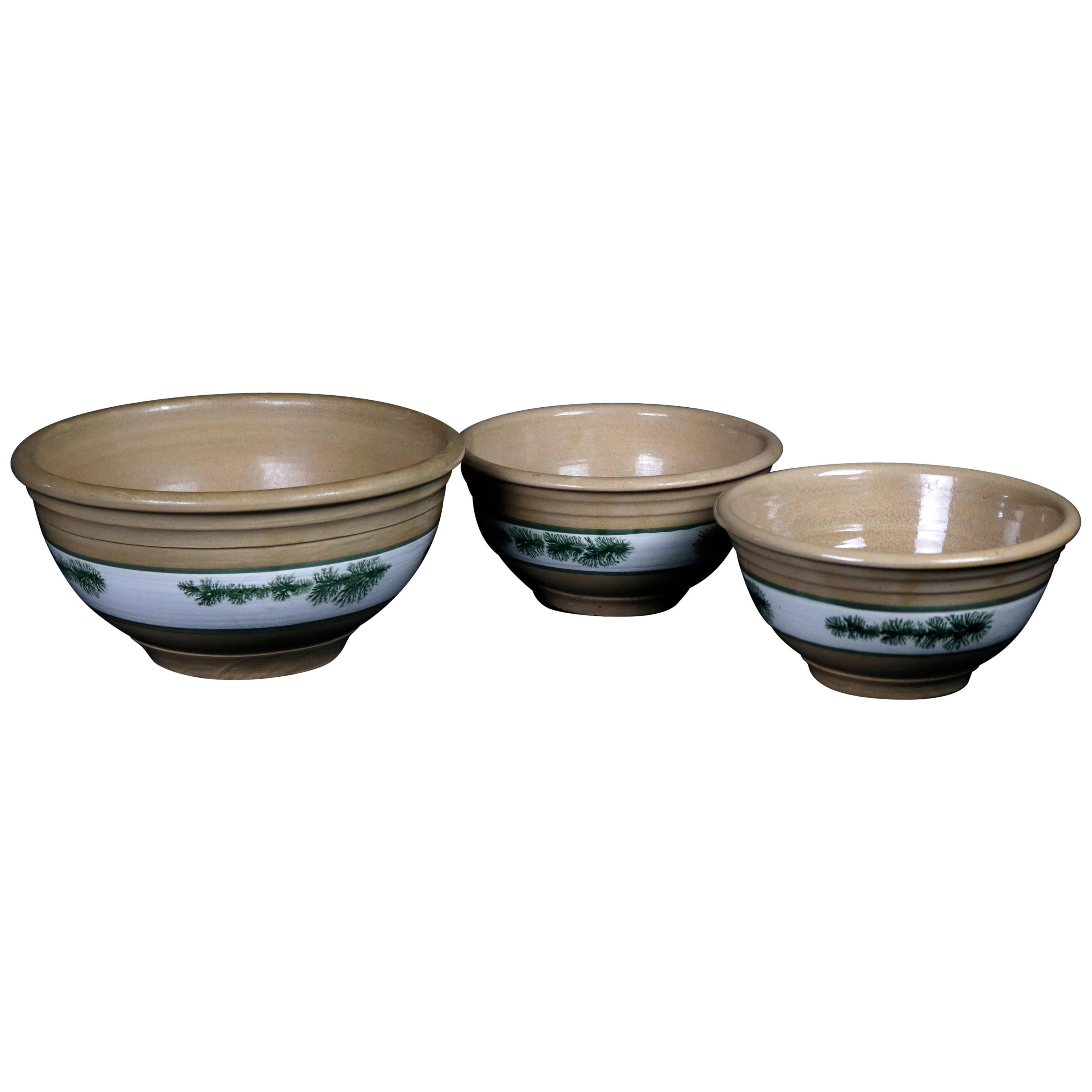 Nested Set of 3 Seaweed Mocha Decorated Pottery Mixing Bowls, 20th Century