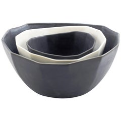 Nesting Bowl Set, Black and White Duo Set of Three Modern Stacking Serving Bowl