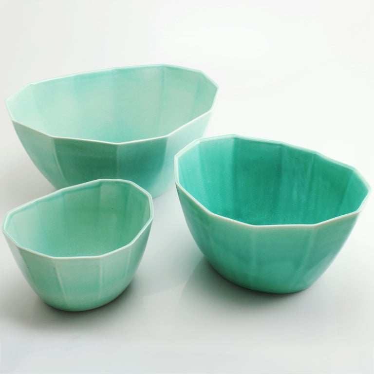 Nesting Bowl Set, Glossy Seafoam Green Set of Three Modern Stacking