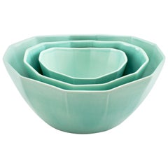 Nesting Bowl Set, Glossy Seafoam Green Set of Three Modern Stacking Serving Bowl