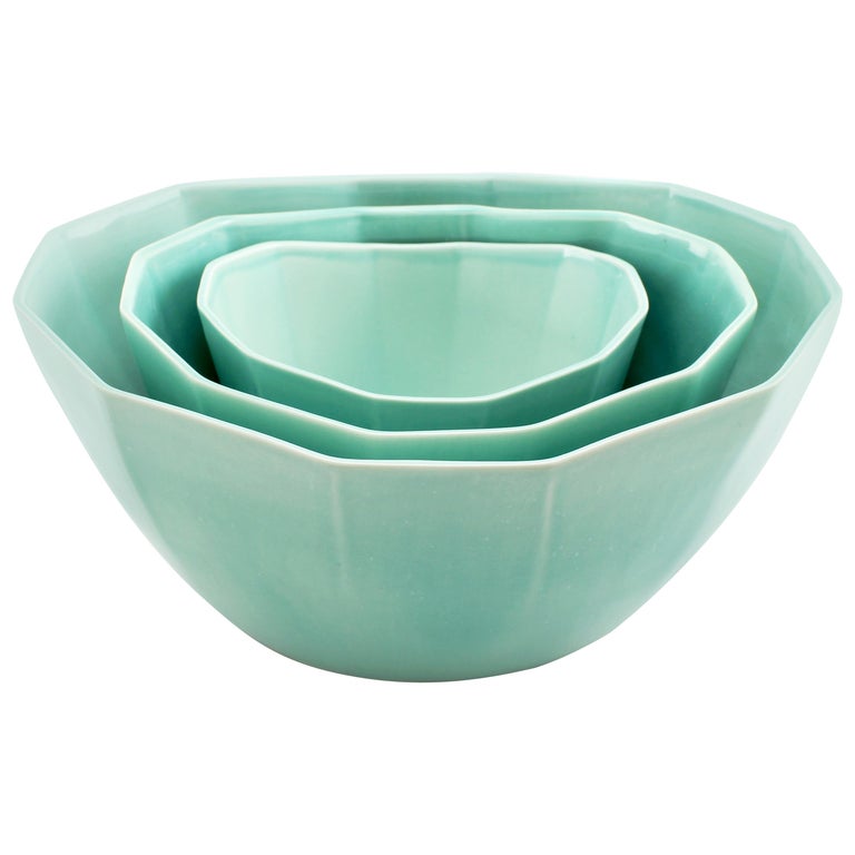 Nesting Bowl Set, Glossy Seafoam Green Set of Three Modern Stacking