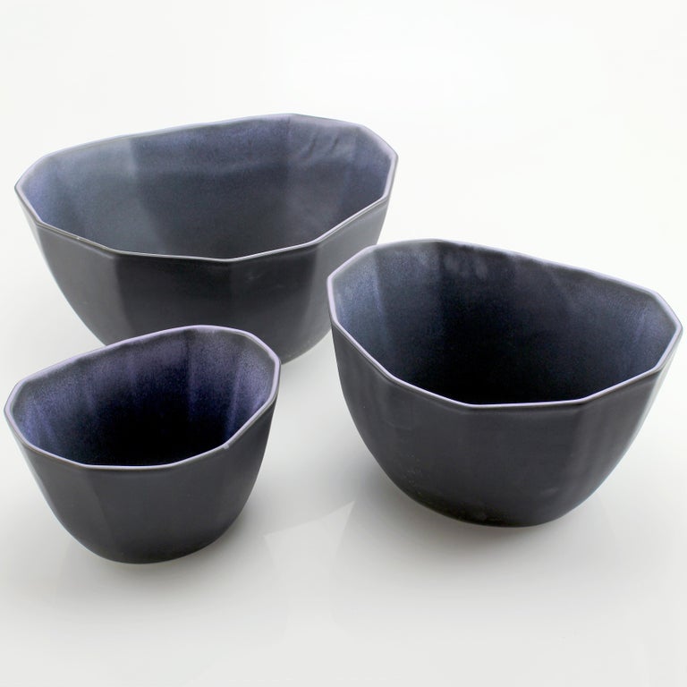 Nesting Bowl Set, Matte Black and Purple Set of Three Modern Stacking