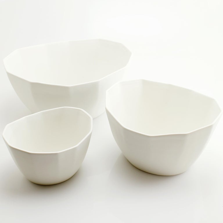Nesting Bowl Set, Matte White Faceted Set of Three Modern Stacking