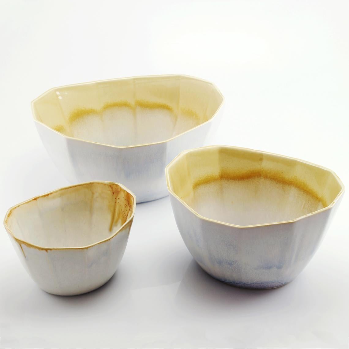 Mid-Century Modern Nesting Bowl Set, Sand Dune Set of Three Porcelain Modern Stacking Serving Bowl