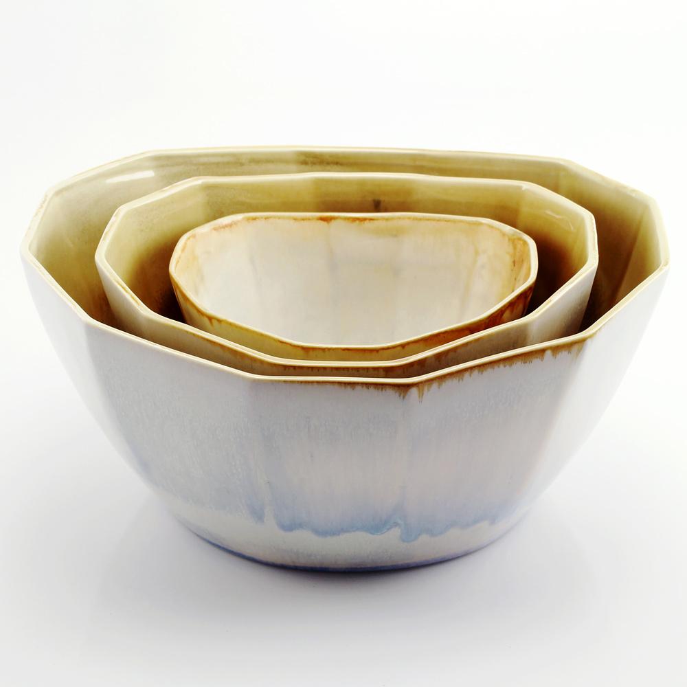 American Nesting Bowl Set, Sand Dune Set of Three Porcelain Modern Stacking Serving Bowl
