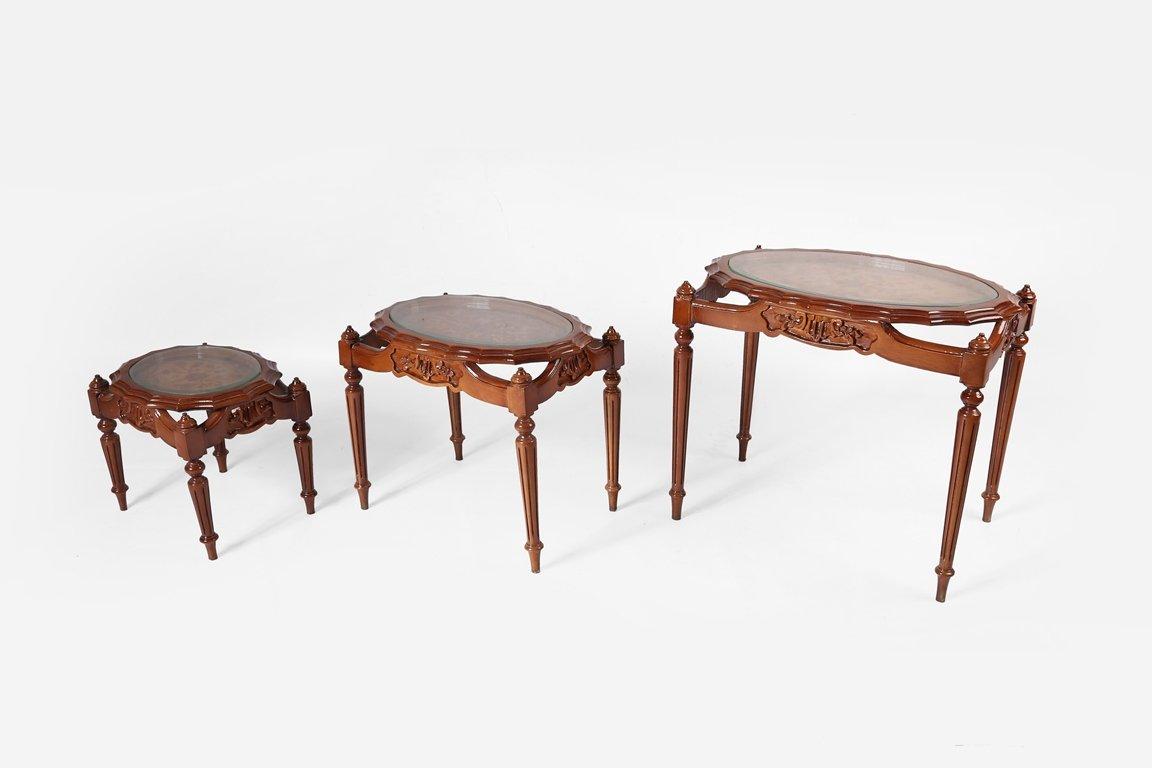 Wood Nesting Coffee Tables - Hand Engraved (3 TABLES), 20th Century  For Sale