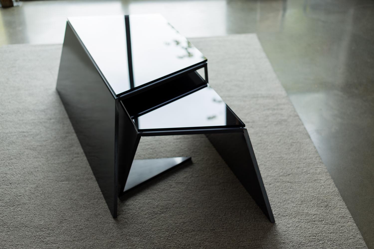 Modern Fold Nesting Coffee Tables, Blackened Steel and Smoked Glass, by Force/Collide For Sale