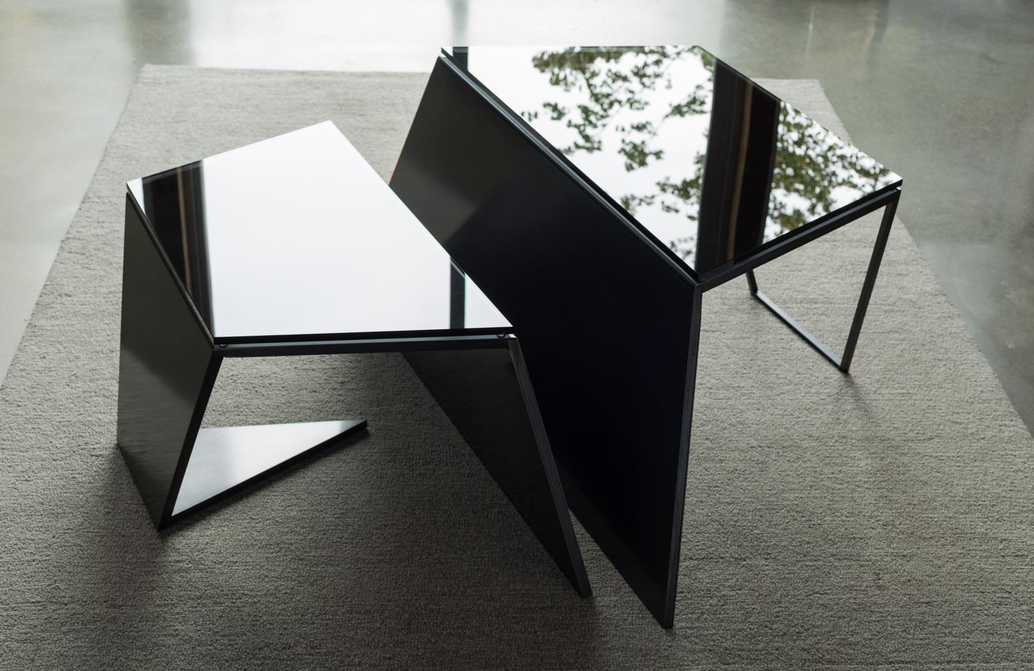 American Fold Nesting Coffee Tables, Blackened Steel and Smoked Glass, by Force/Collide For Sale