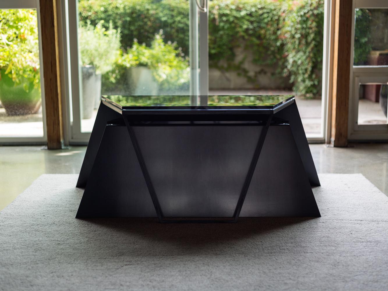 Contemporary Fold Nesting Coffee Tables, Blackened Steel and Smoked Glass, by Force/Collide For Sale