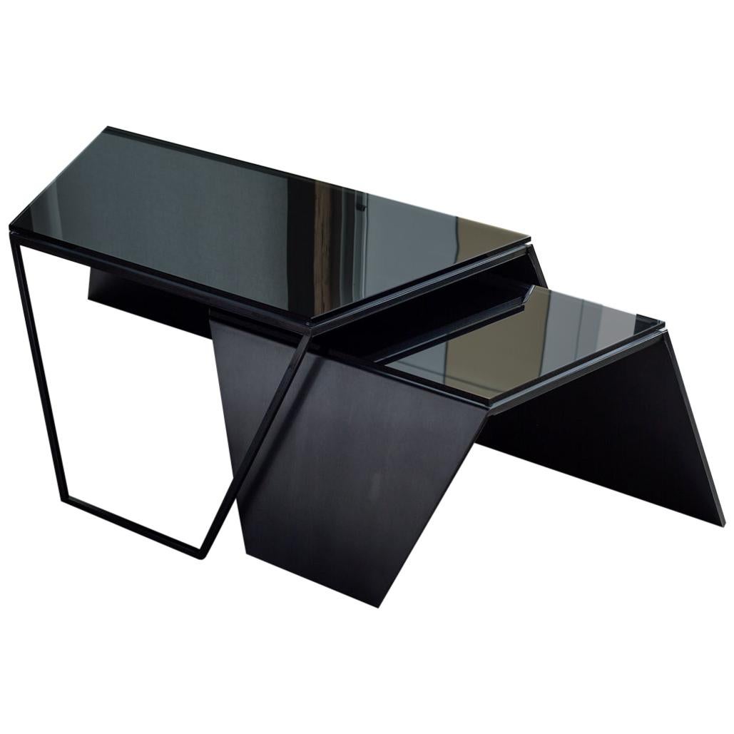 Nesting Coffee Tables, Blackened Steel, Gray Glass, Formed, Force/Collide