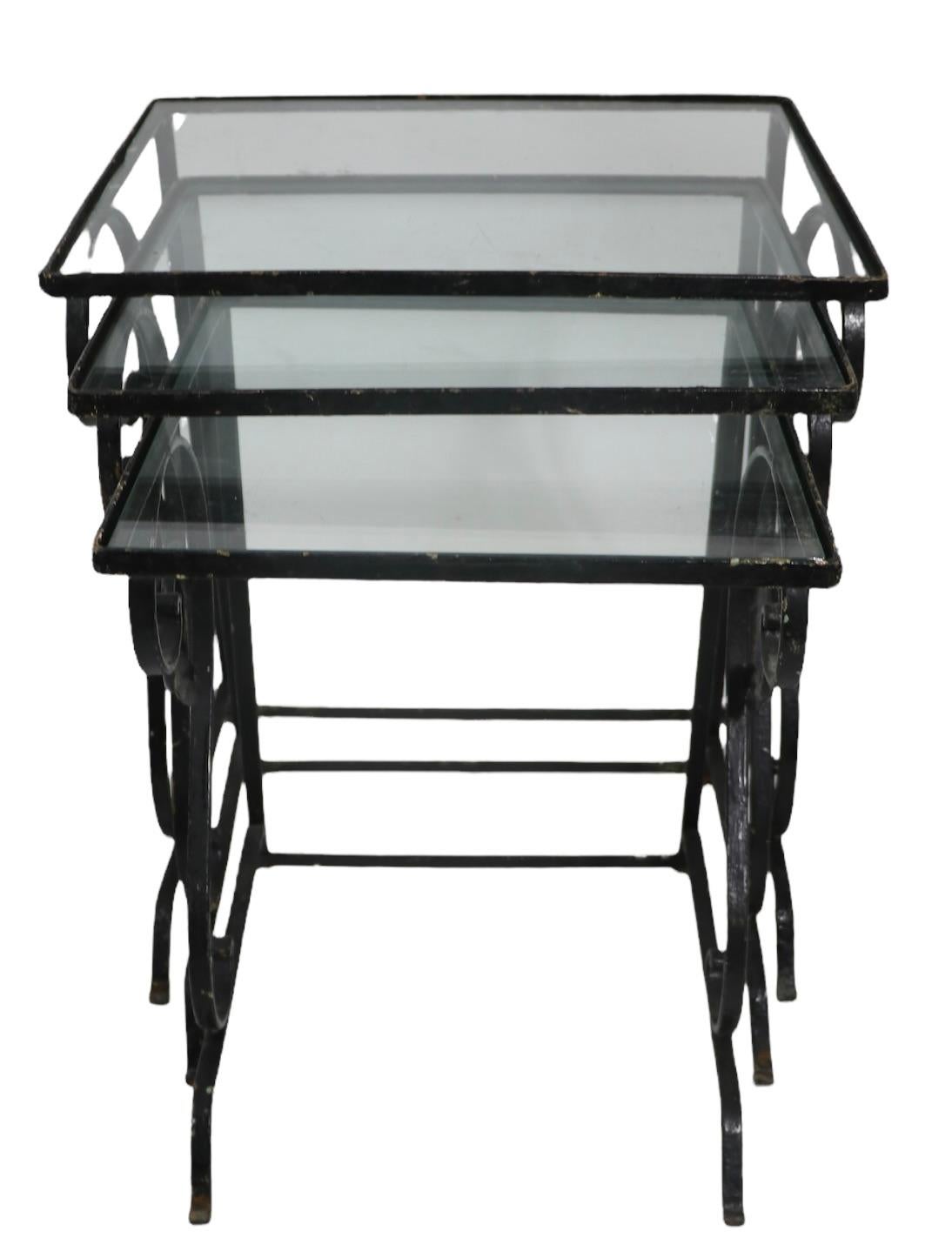 Nesting Garden Patio Poolside Tables of Wrought Iron and Glass att. to Salterini For Sale 2