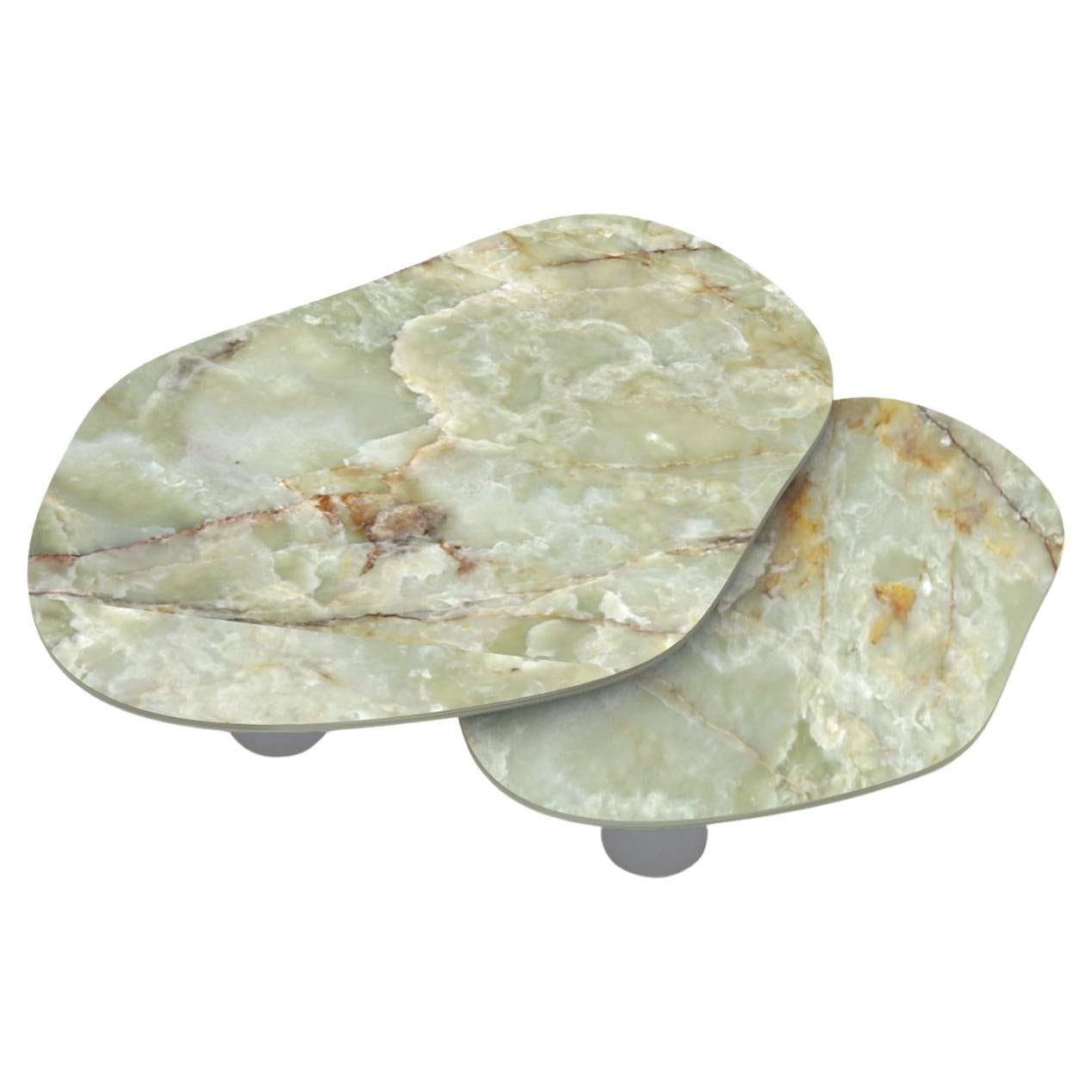 Nesting Green Onyx Coffee Tables with Brushed Aluminum Base For Sale