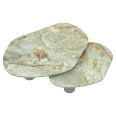 Nesting Green Onyx Coffee Tables with Brushed Aluminum Base