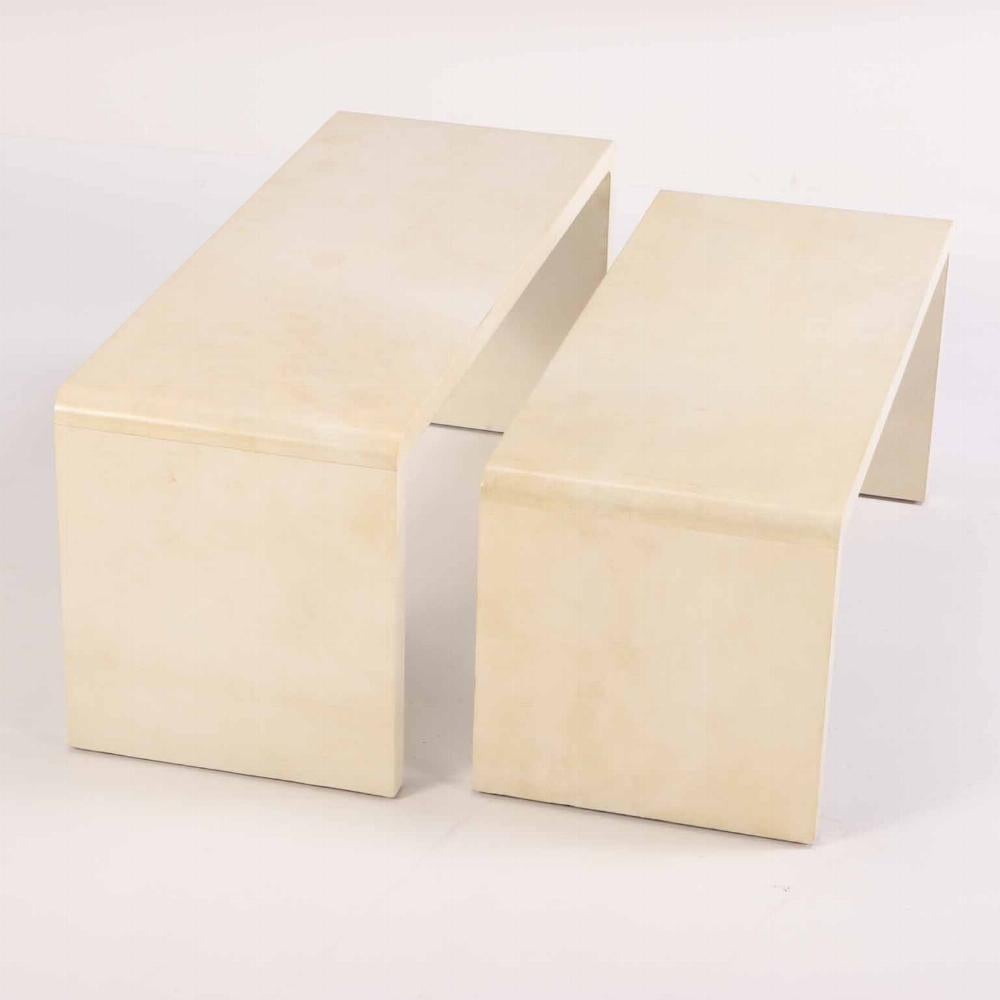 Nesting Parchment Waterfall Coffee Tables, in the Manner of Jean-Michel Frank. In Good Condition In Philadelphia, PA