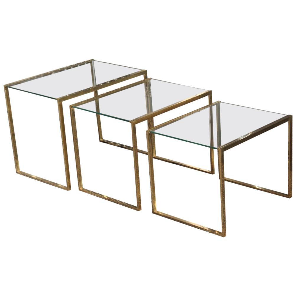 Nesting Rectangular Coffee Table Different Sizes Brass and Crystal Gold, 1970s For Sale