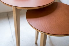 Round Nesting Tripod Side Table in Bleached Ash with Cognac Leather