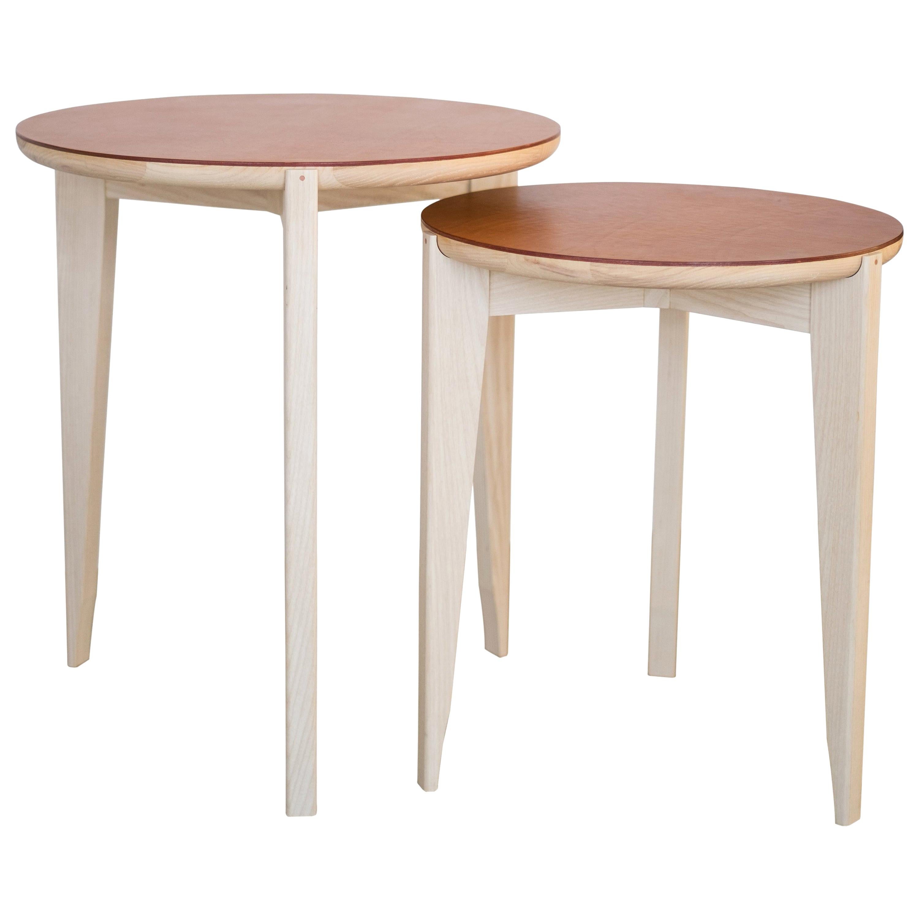 Round Nesting Tripod Side Table in Bleached Ash with Cognac Leather For Sale