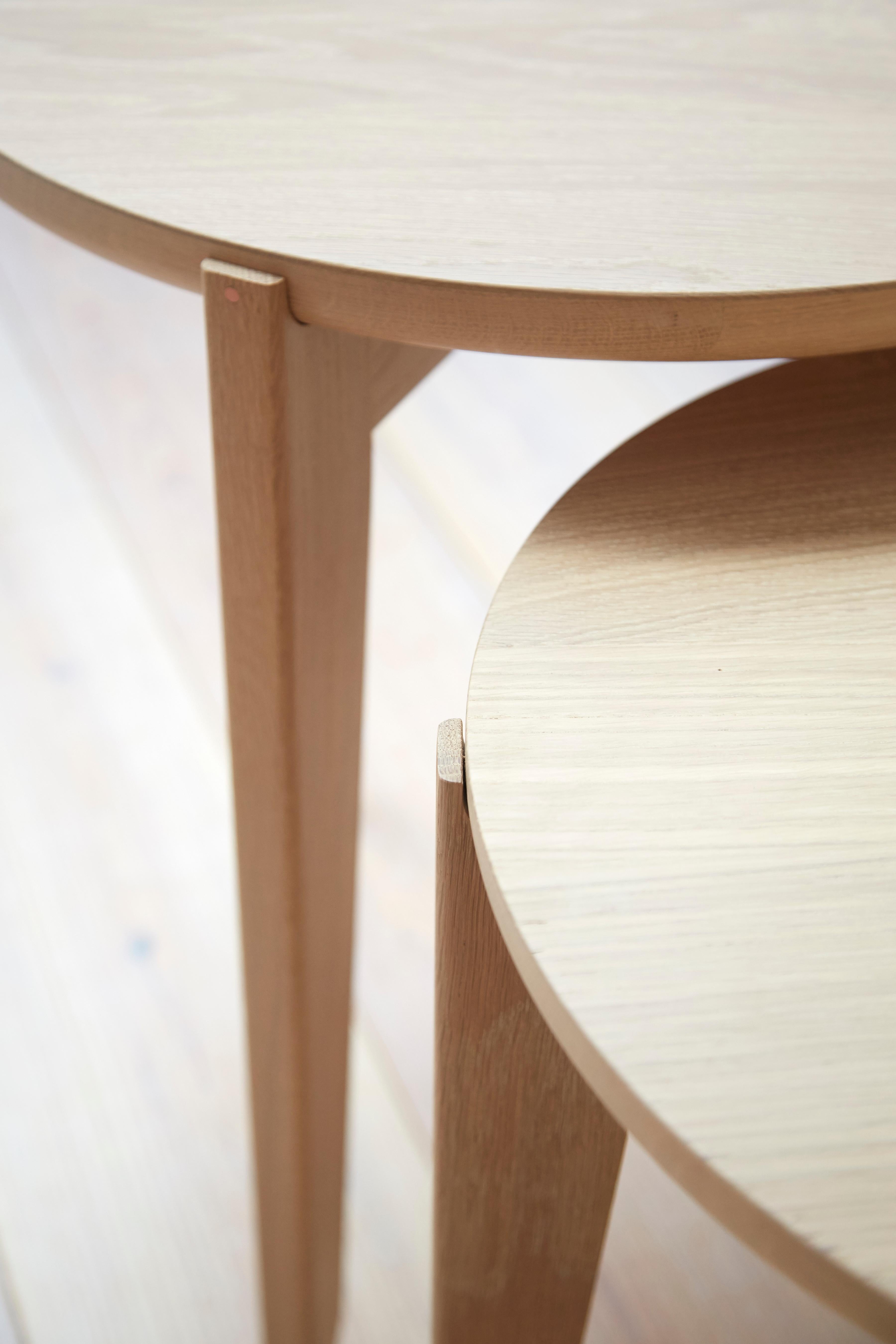 Bold enough to stand alone yet delicate enough to nest comfortably as a pair, the Tripod Side Table pairs the soft edge of a round top with a trio of gently tapered wooden legs. This piece is made to order in Stillmade's New York City workshop using