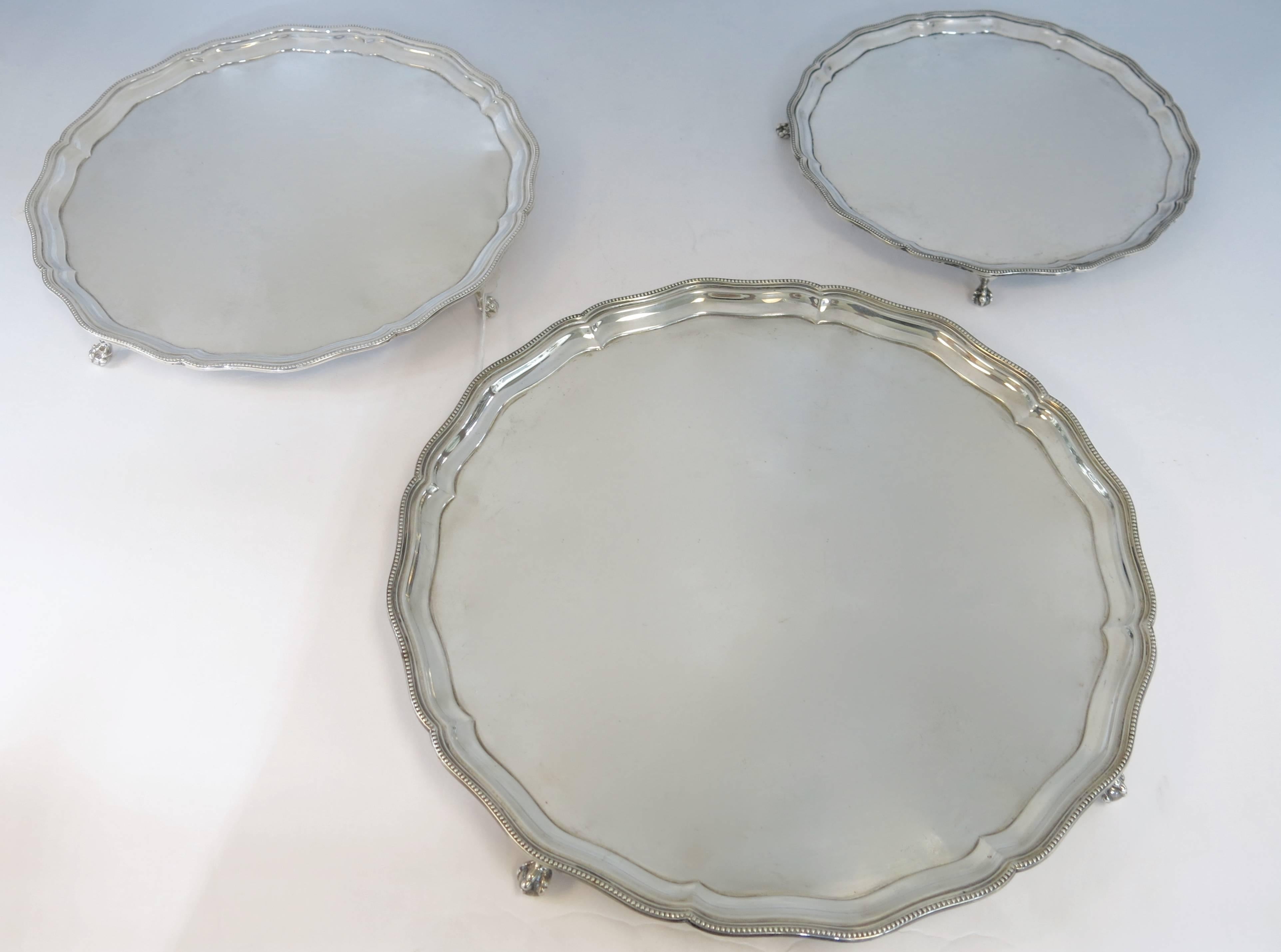 20th Century Nesting Set of Three Sterling Silver Footed Round Trays, English Hallmarked For Sale