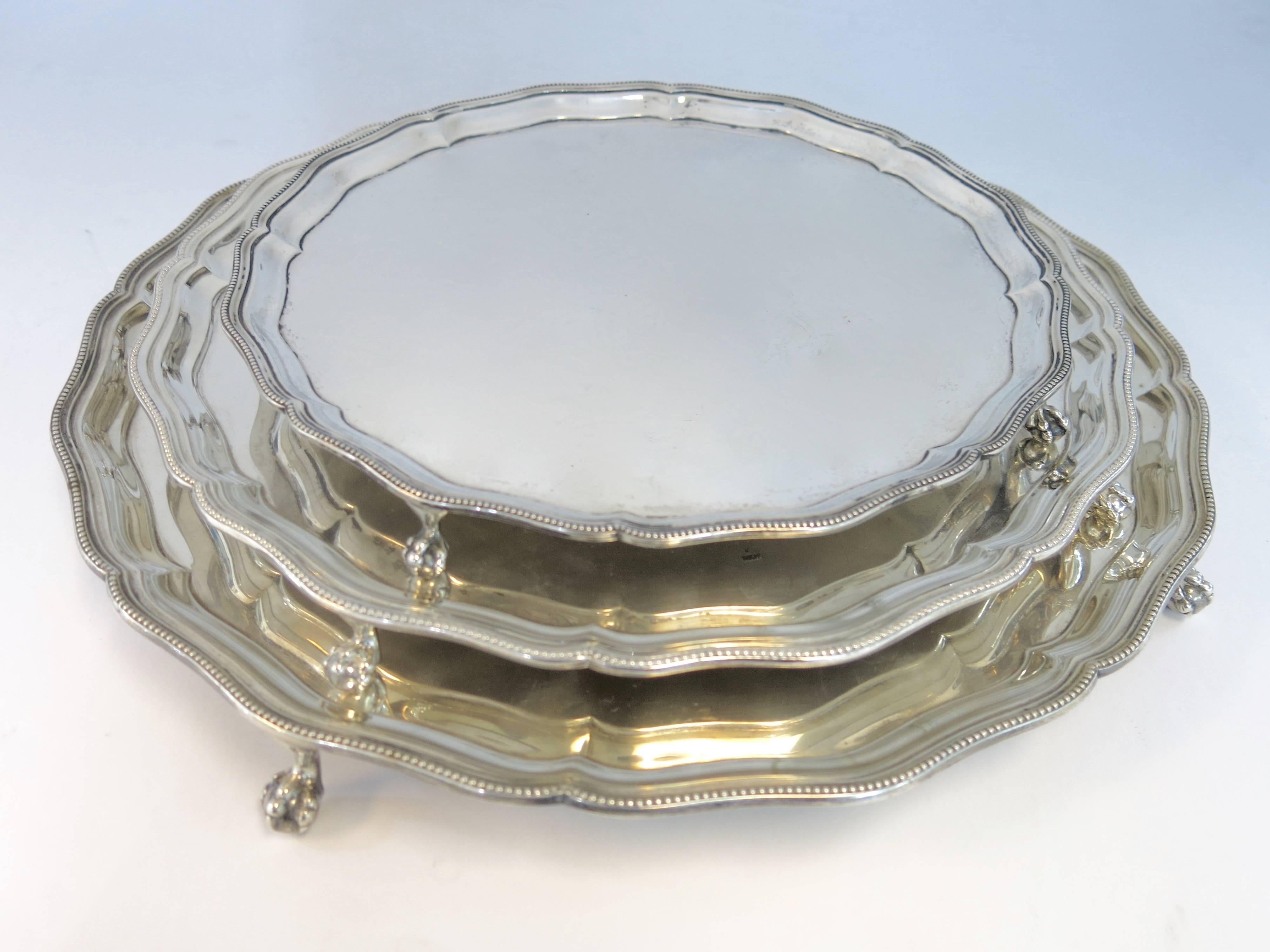 Nesting Set of Three Sterling Silver Footed Round Trays, English Hallmarked For Sale 4