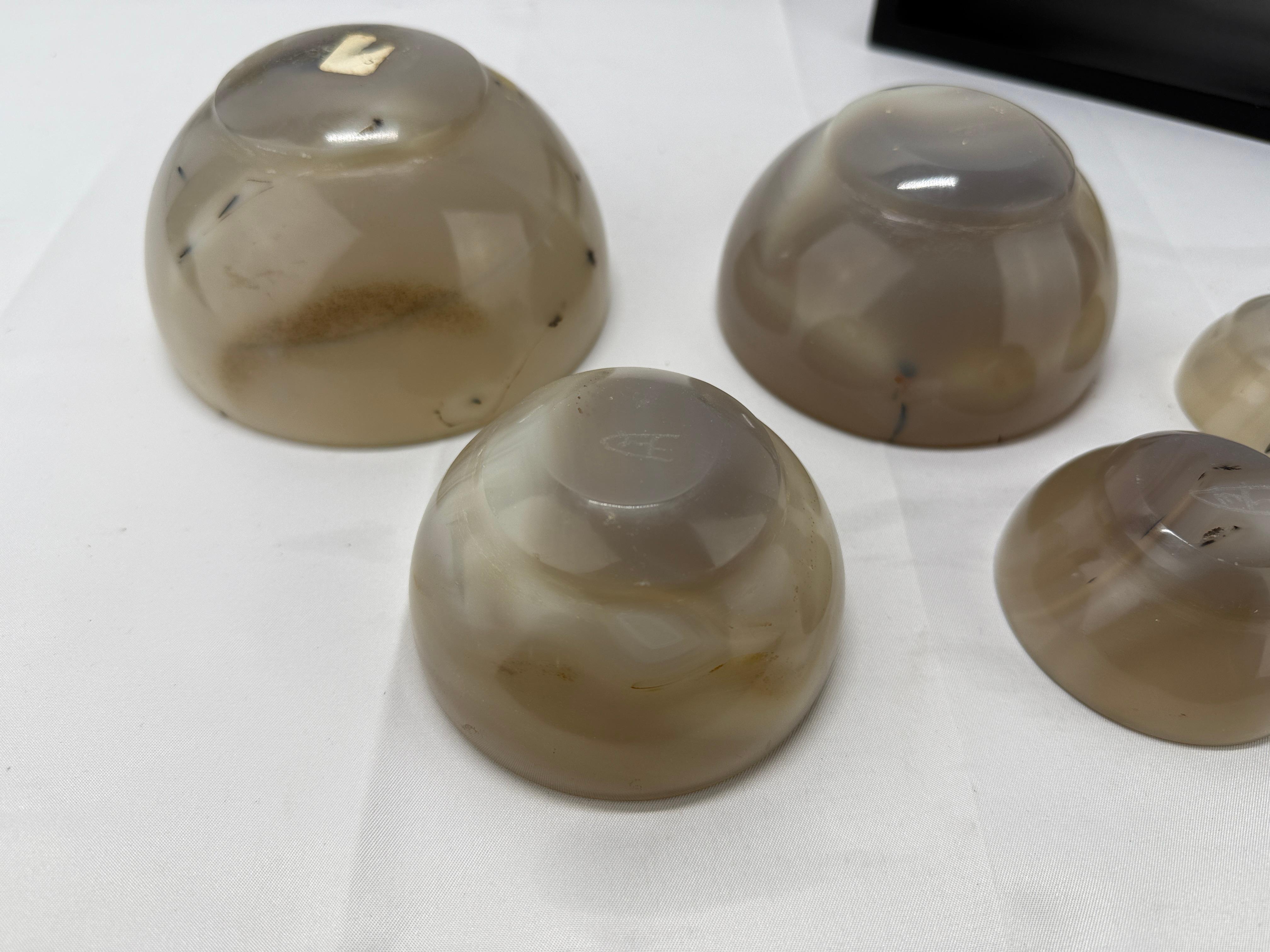 Nesting Set of 5 Carved Agate Bowls & Display - Artisan Signed For Sale 1