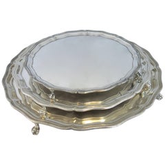 Nesting Set of Three Sterling Silver Footed Round Trays, English Hallmarked