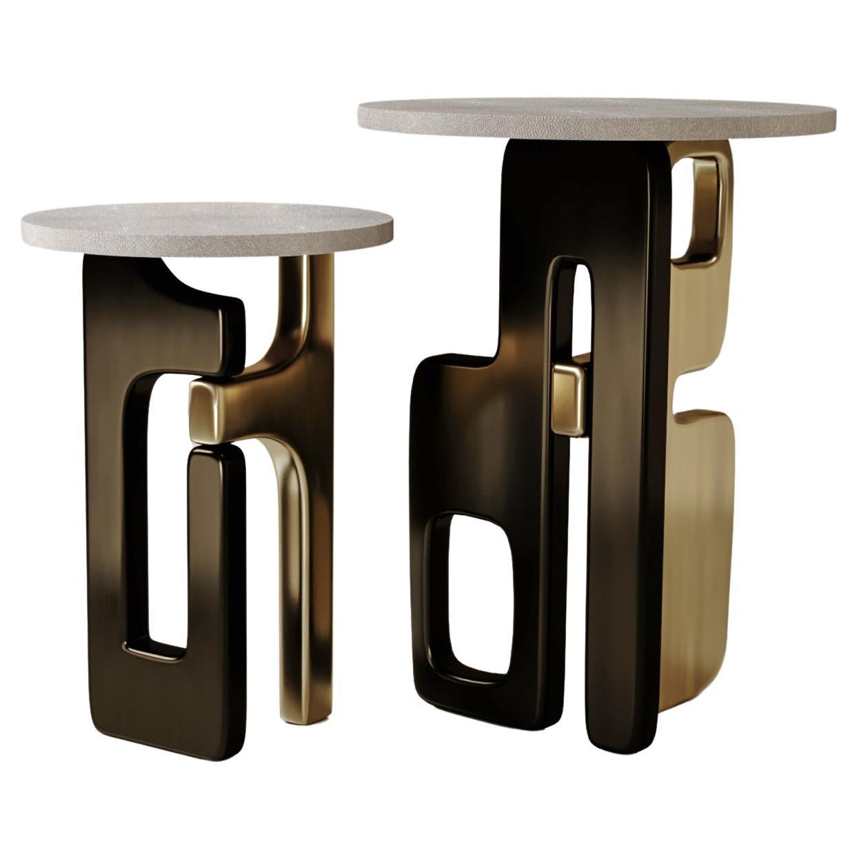 Nesting Shagreen Side Tables with Bronze Patina Brass Details by Kifu Paris
